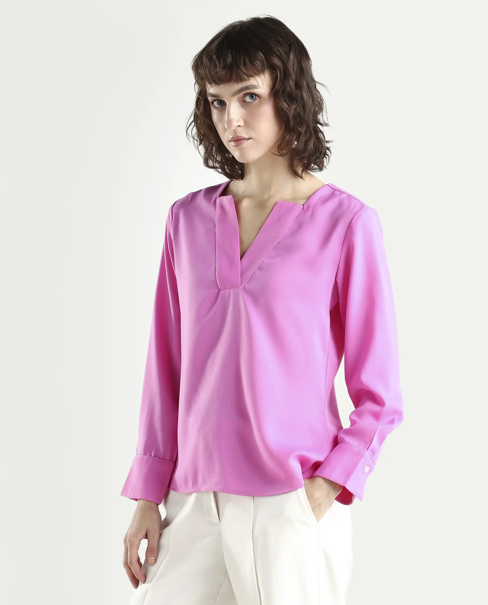 Rareism Women's Shami Pink Polyester V-Neck Plain Cuffed Sleeve Regular Fit Top - Image 5