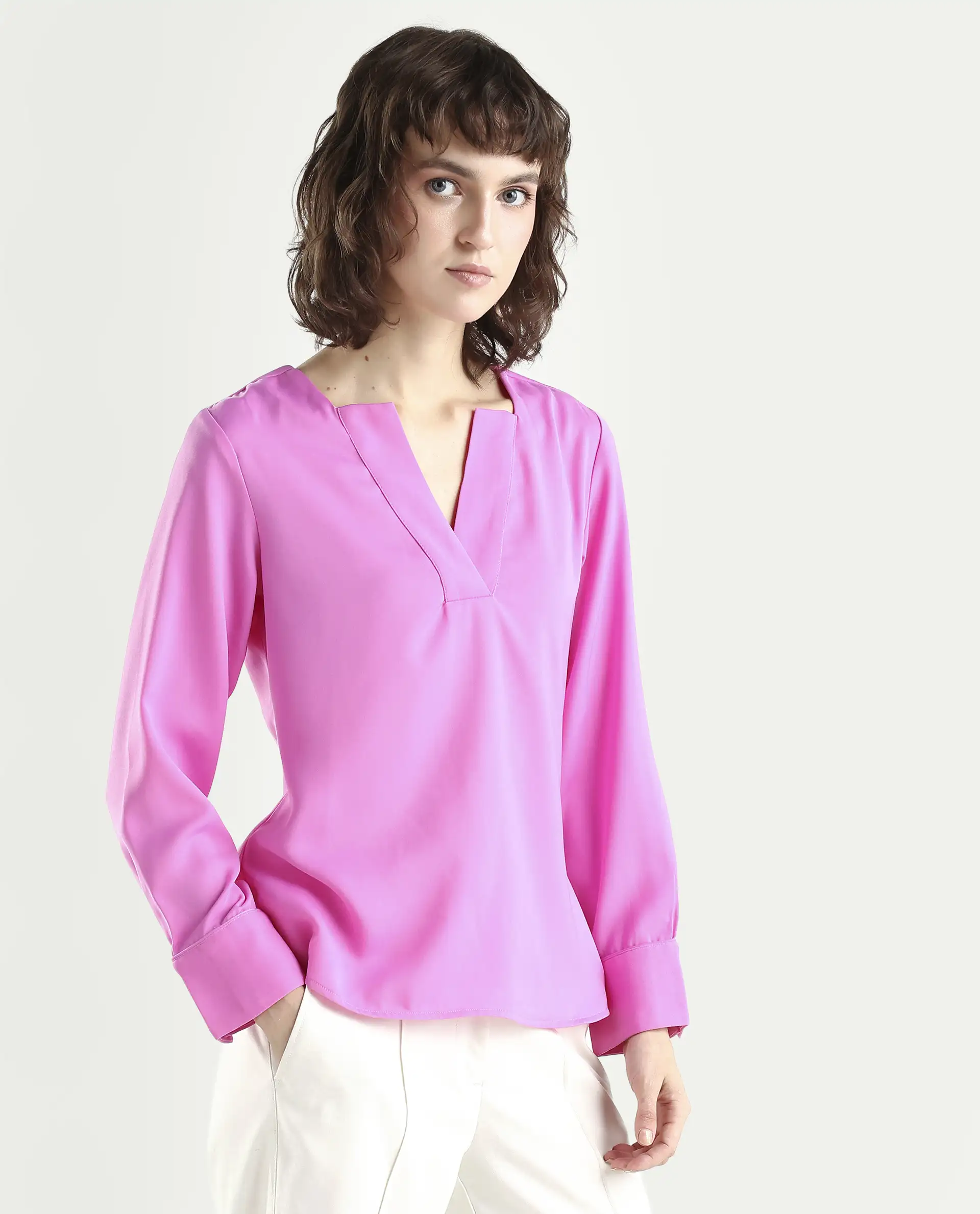 Rareism Women's Shami Pink Polyester V-Neck Plain Cuffed Sleeve Regular Fit Top - Image 6