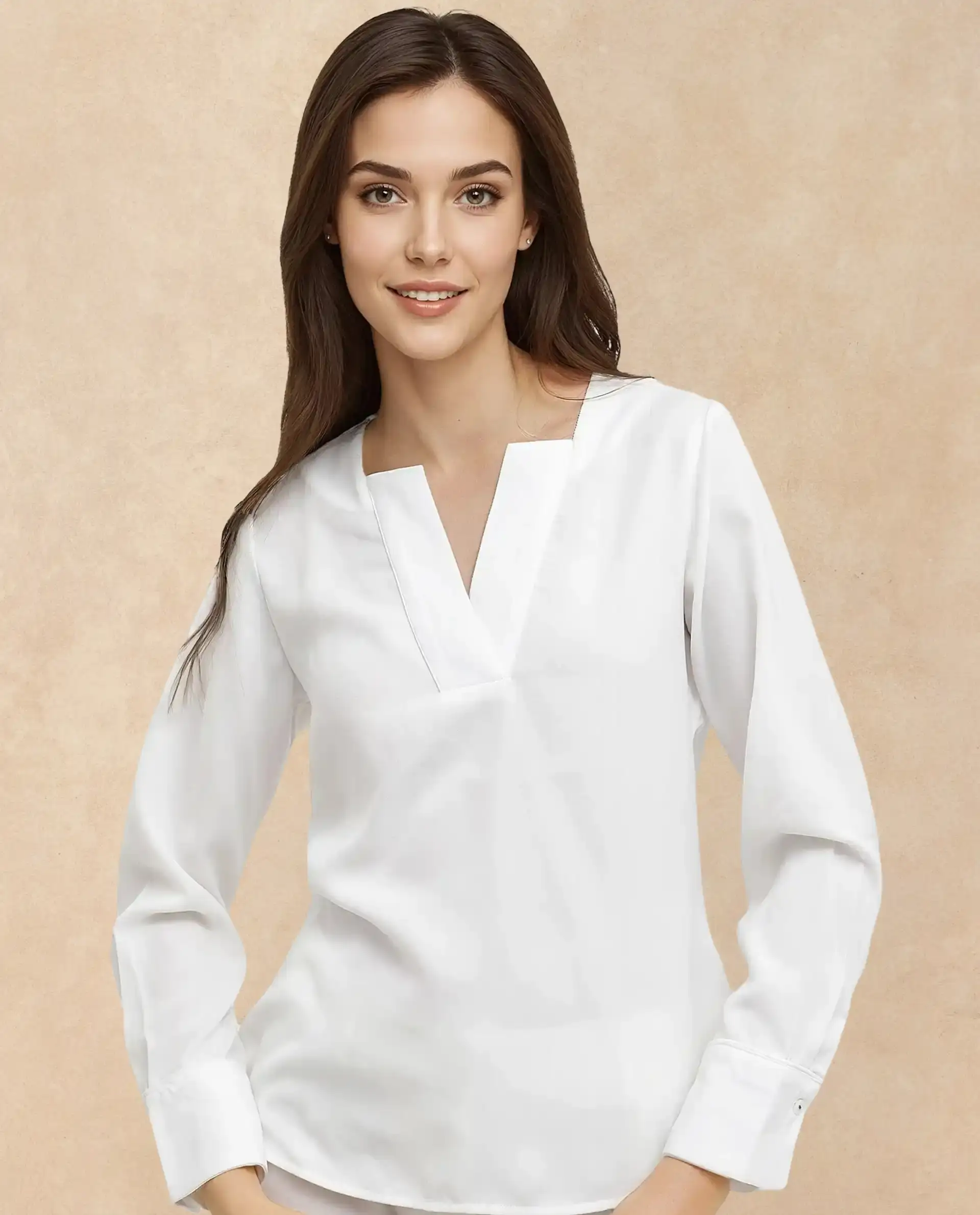 Rareism Women's Shamon White Polyester V-Neck Plain Cuffed Sleeve Regular Fit Top
