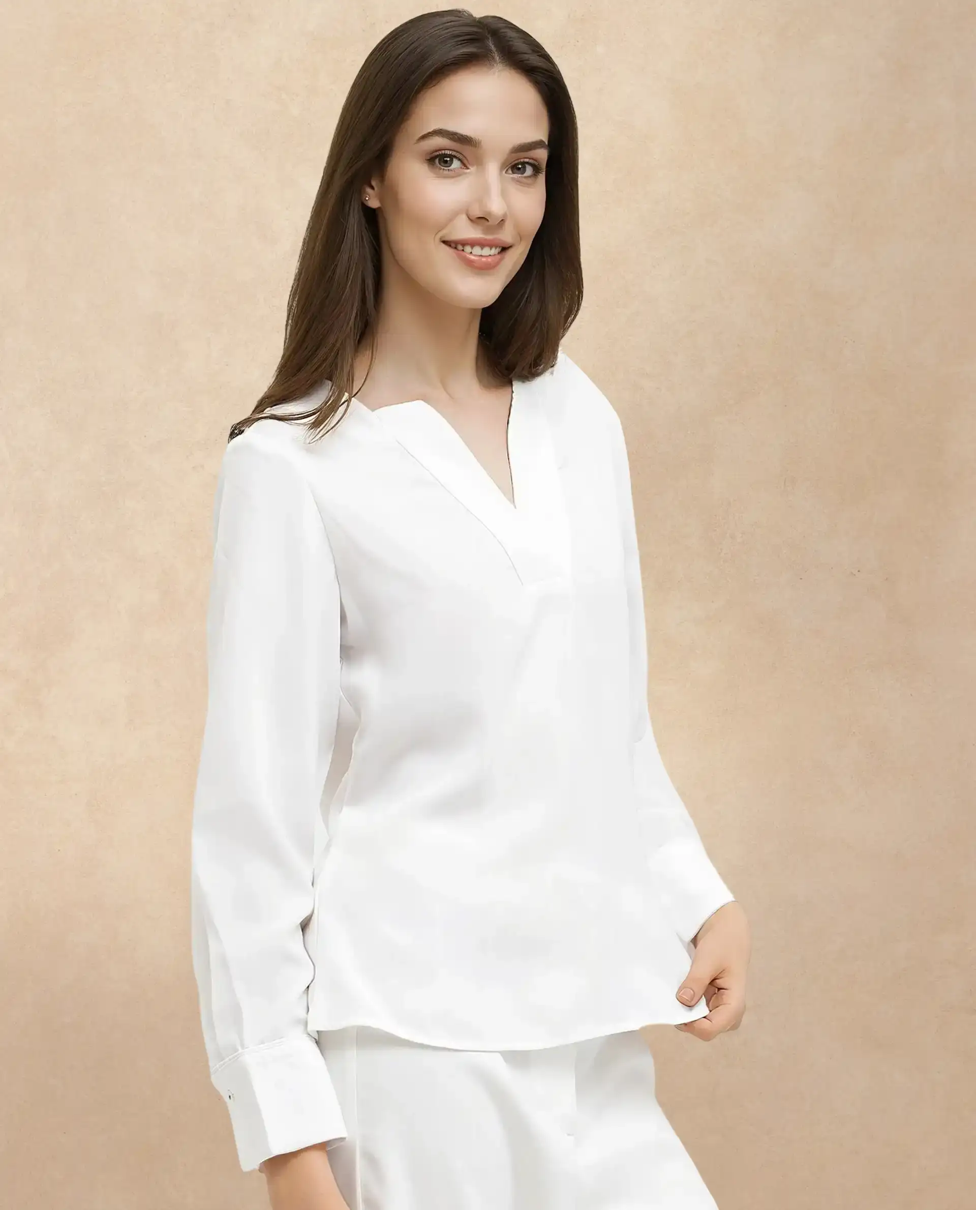 Rareism Women's Shamon White Polyester V-Neck Plain Cuffed Sleeve Regular Fit Top - Image 2