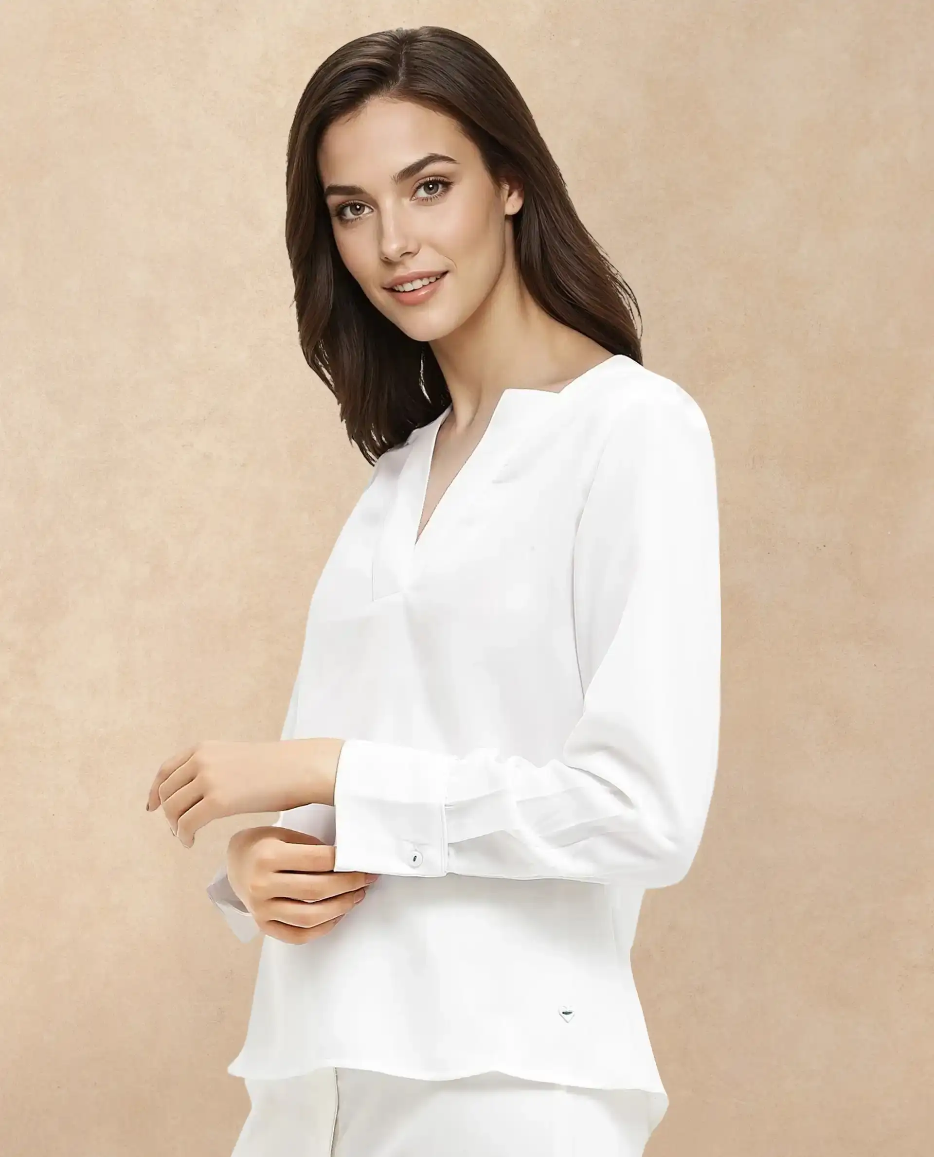Rareism Women's Shamon White Polyester V-Neck Plain Cuffed Sleeve Regular Fit Top - Image 3