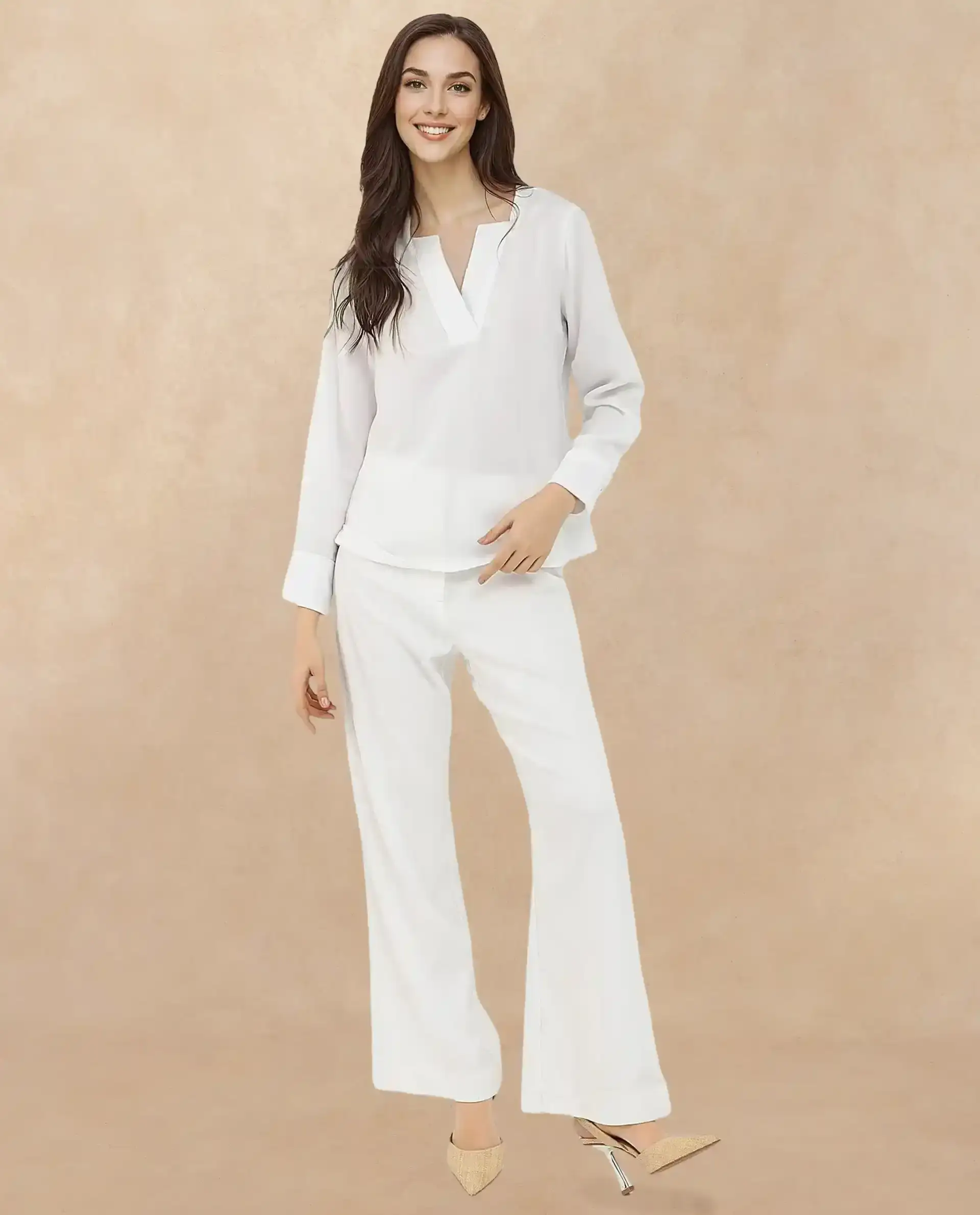 Rareism Women's Shamon White Polyester V-Neck Plain Cuffed Sleeve Regular Fit Top - Image 4