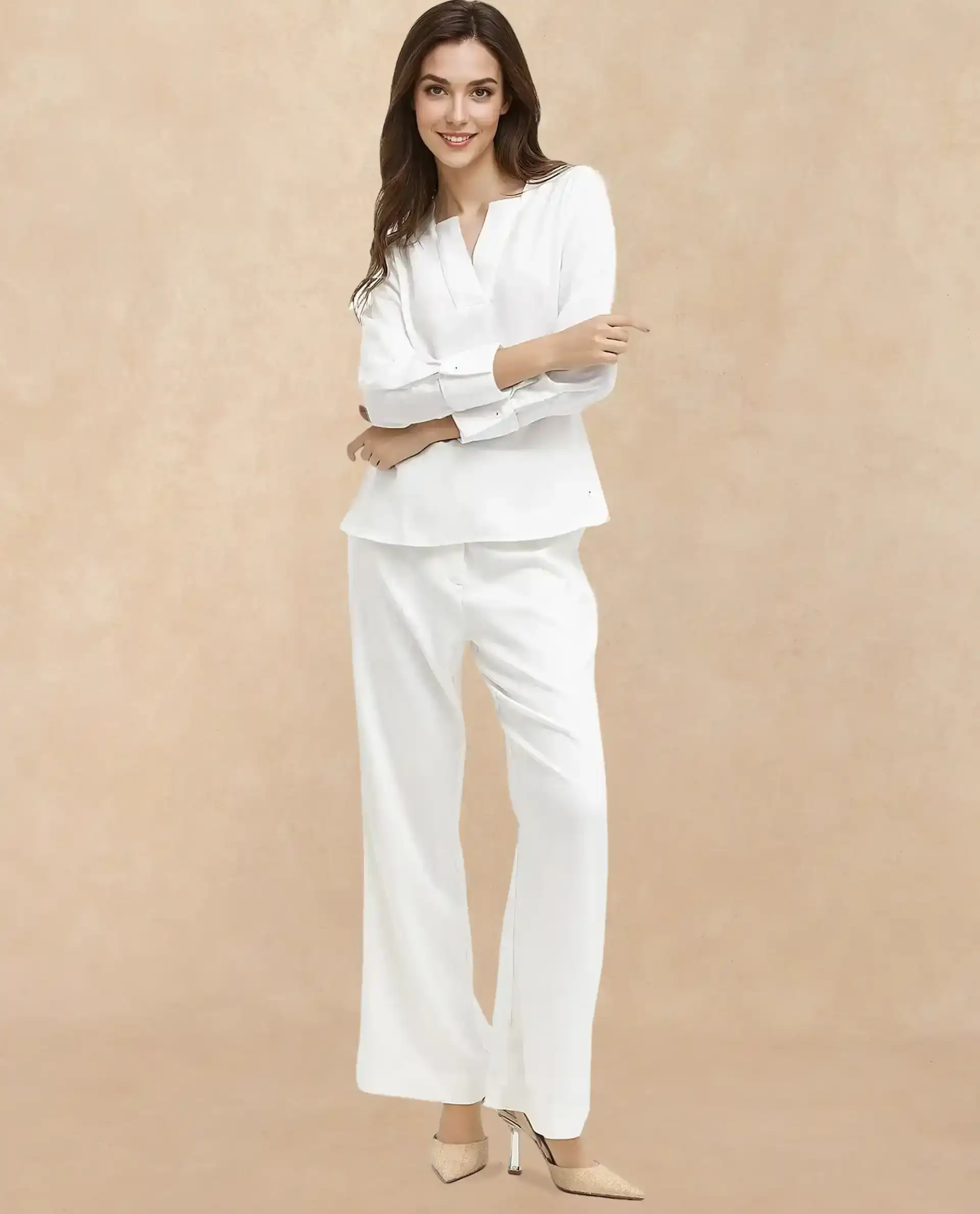 Rareism Women's Shamon White Polyester V-Neck Plain Cuffed Sleeve Regular Fit Top - Image 6