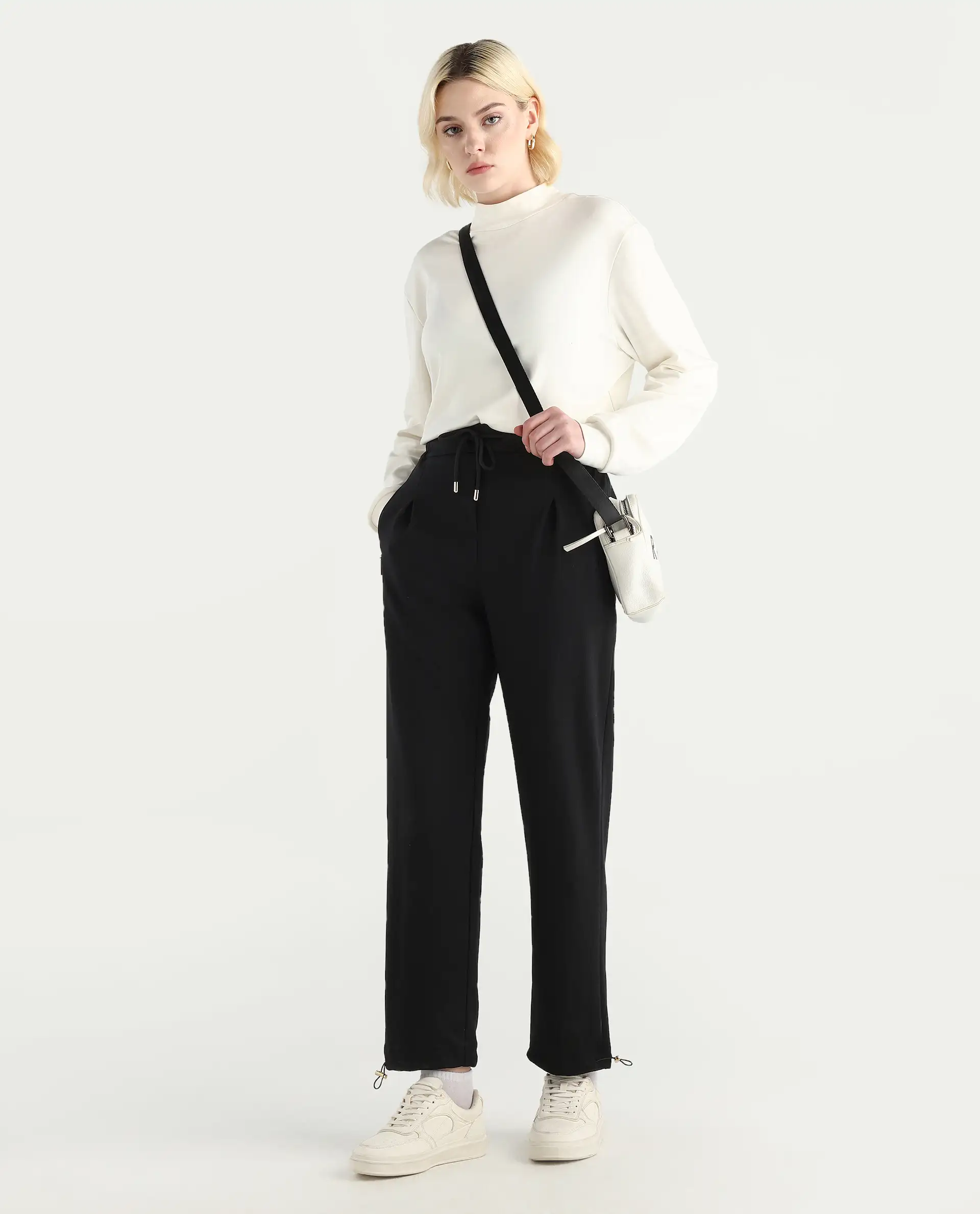 Rareism Women's Shane Black Modal Blend Straight Fit Track Pant