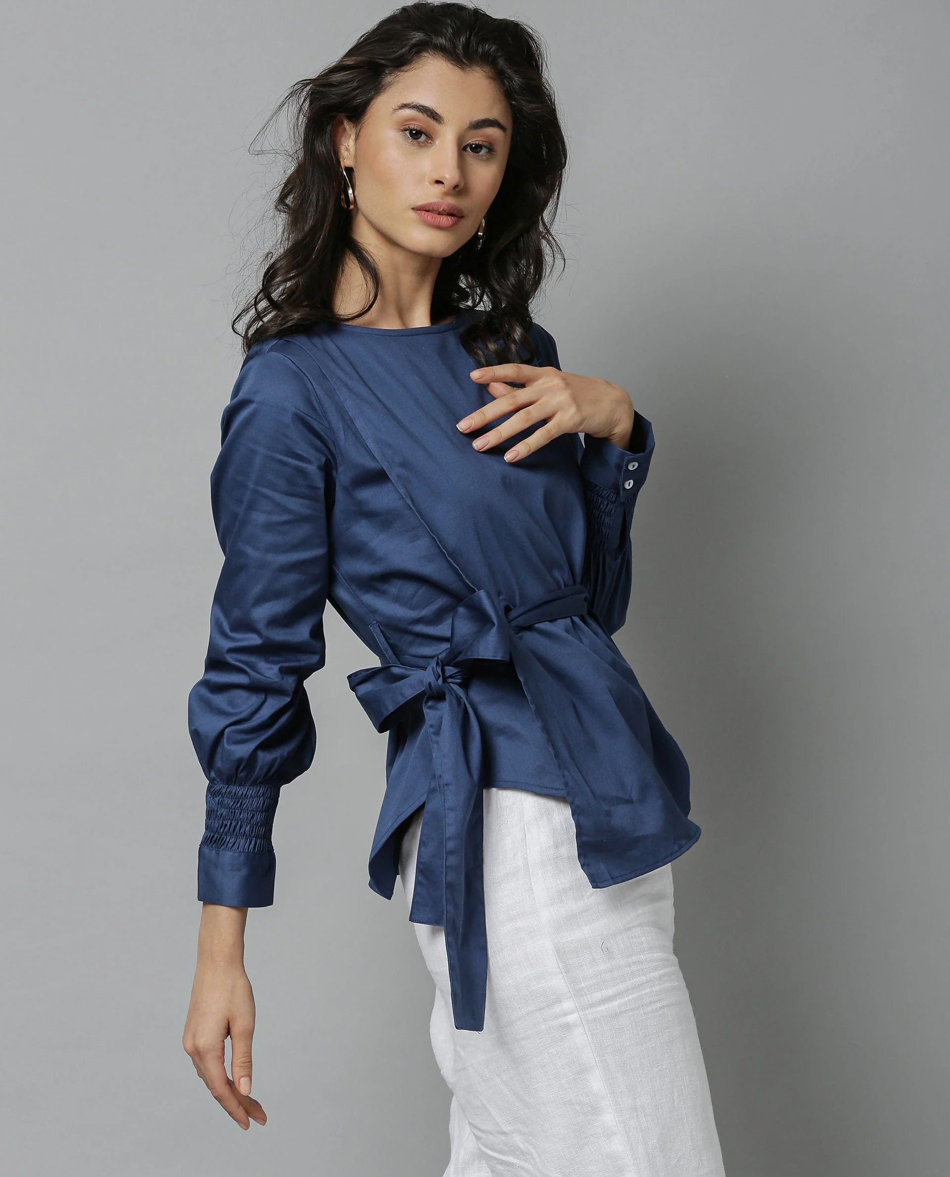 Rareism Women Shanko Blue Top Full Sleeves Solid - Image 4