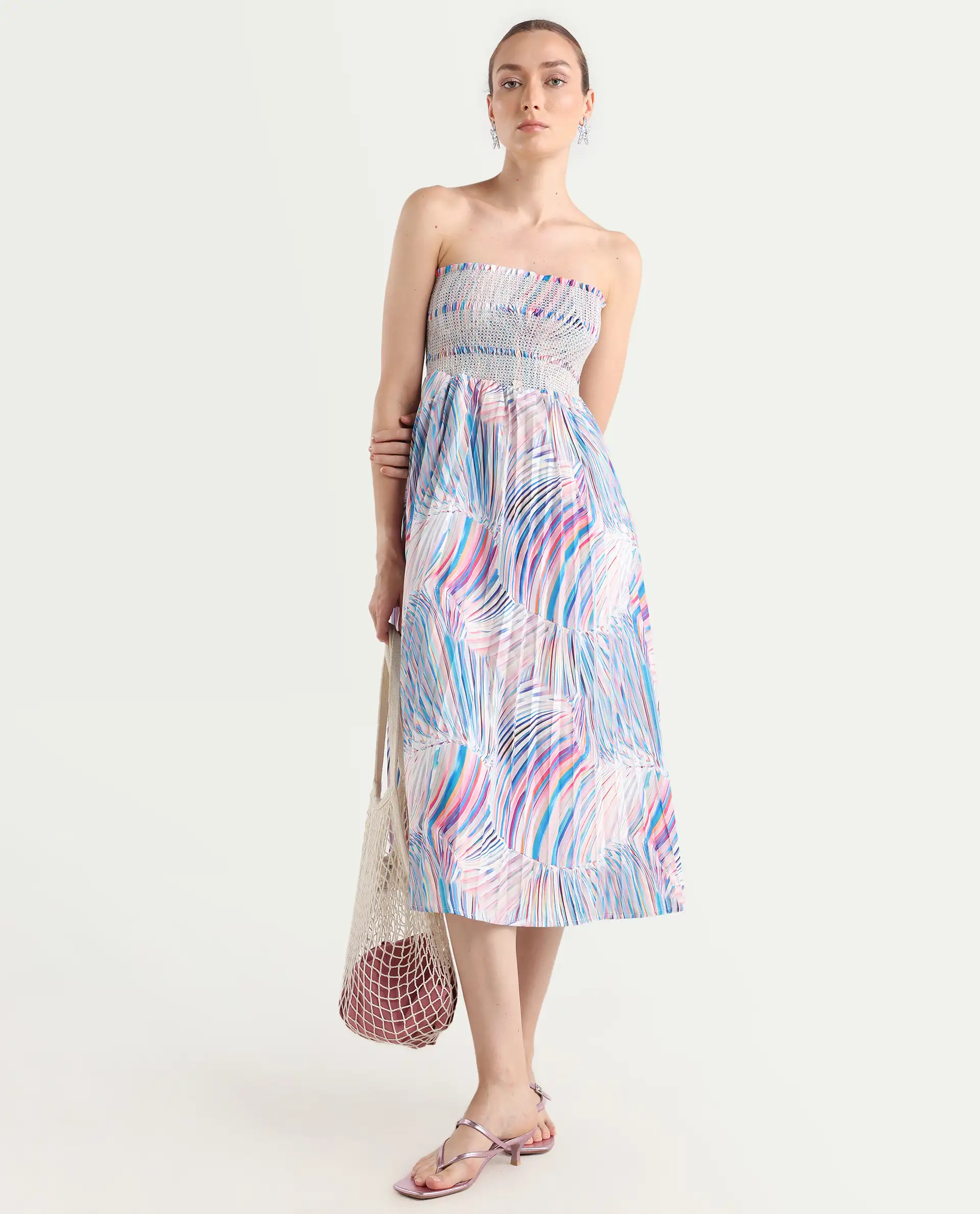 Rareism Women's Shanks Multi Polyester Blend Shoulder Strap Abstract Print Sleeveless Midi Fit And Flare Dress