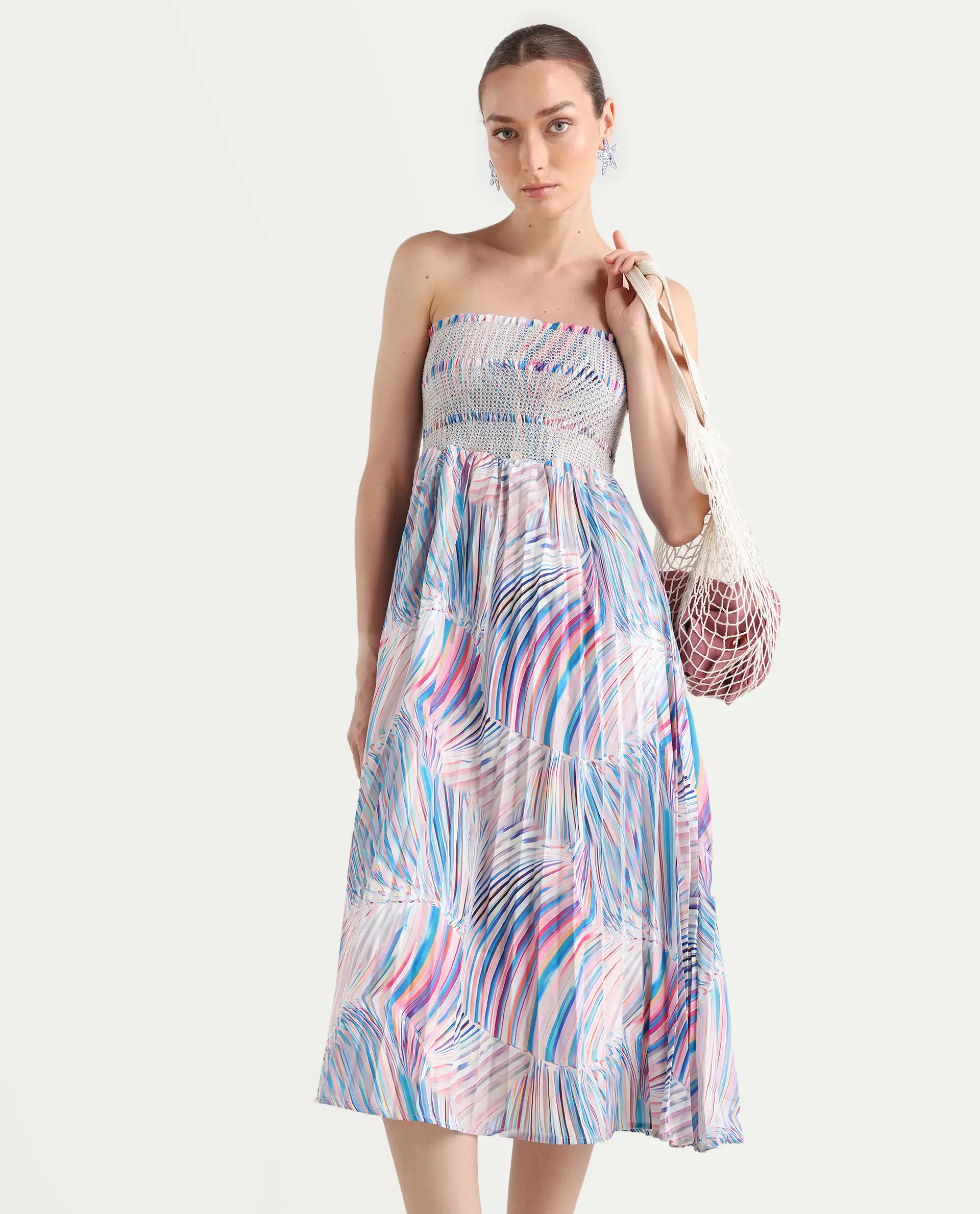 Rareism Women's Shanks Multi Polyester Blend Shoulder Strap Abstract Print Sleeveless Midi Fit And Flare Dress - Image 2