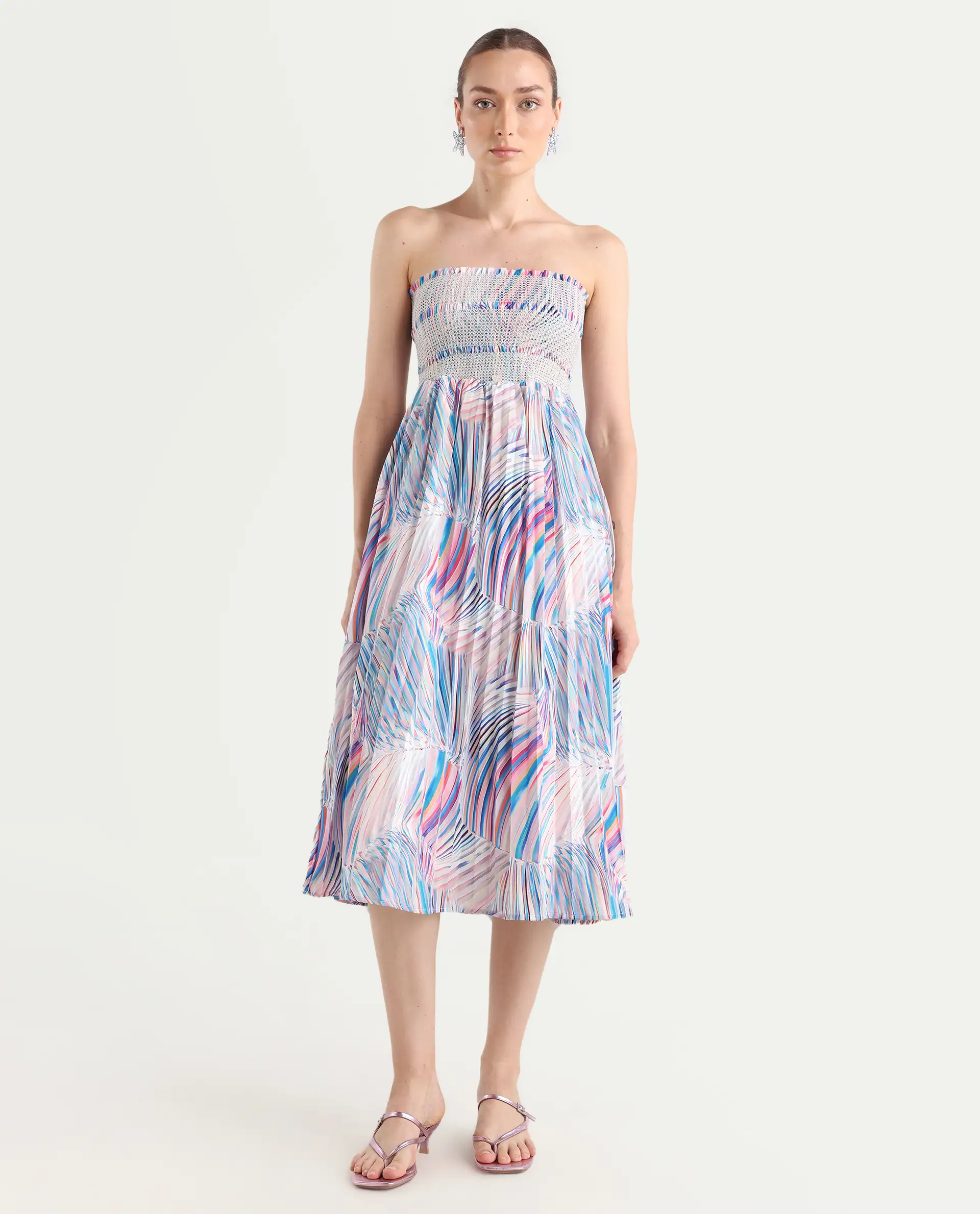 Rareism Women's Shanks Multi Polyester Blend Shoulder Strap Abstract Print Sleeveless Midi Fit And Flare Dress - Image 4