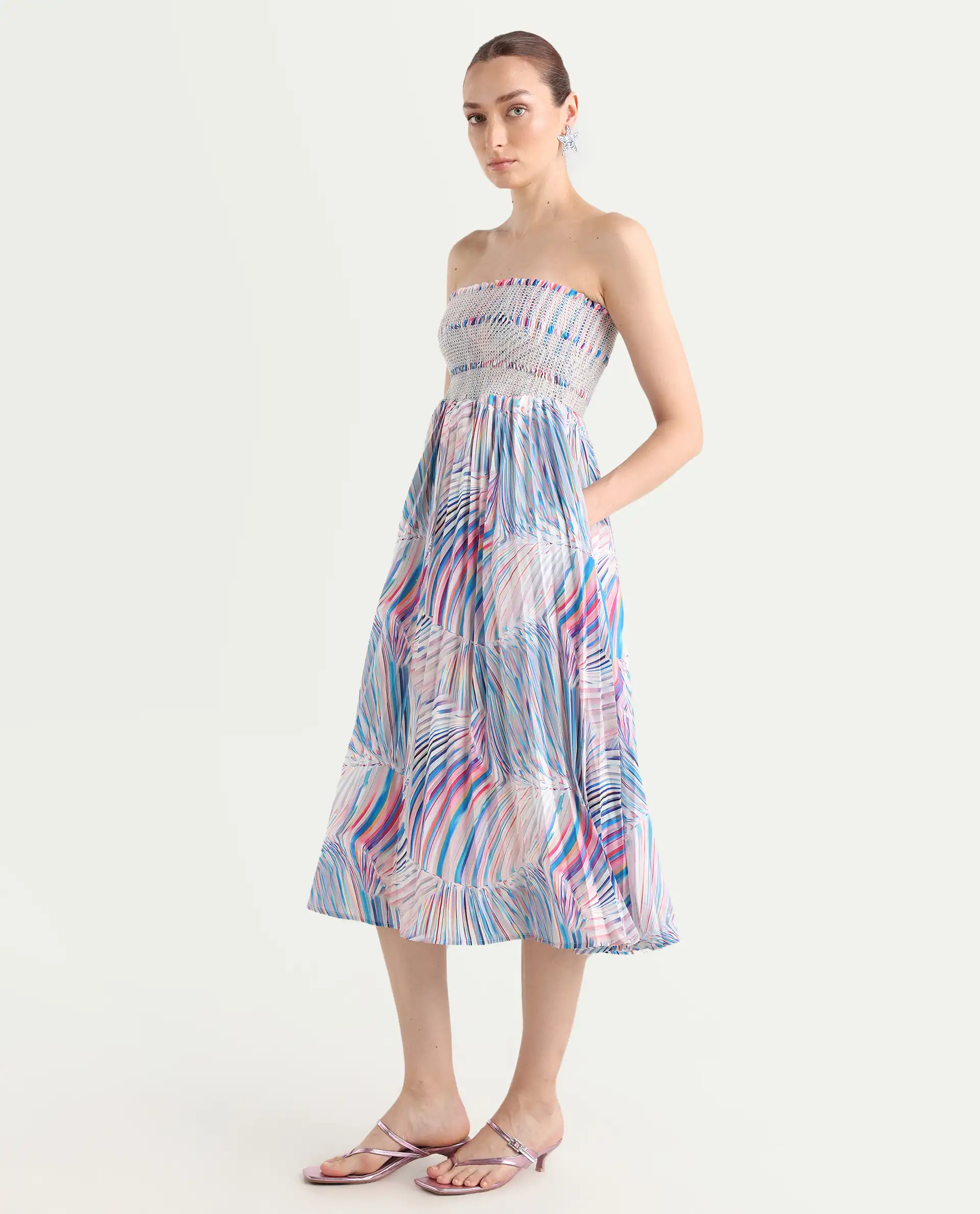 Rareism Women's Shanks Multi Polyester Blend Shoulder Strap Abstract Print Sleeveless Midi Fit And Flare Dress - Image 6