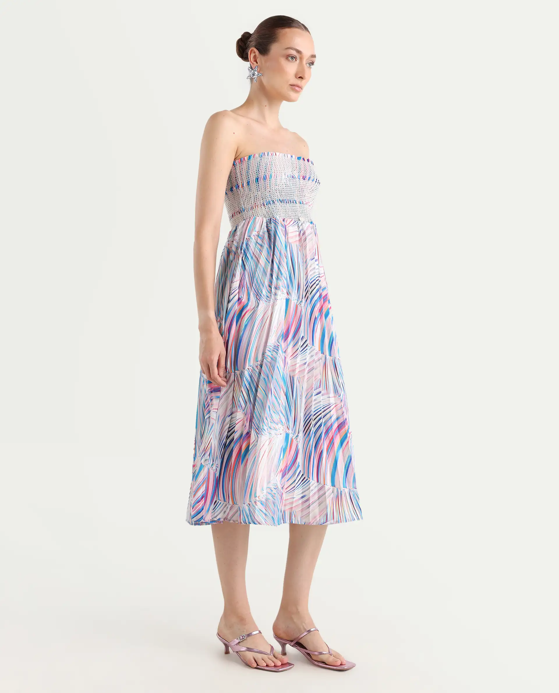 Rareism Women's Shanks Multi Polyester Blend Shoulder Strap Abstract Print Sleeveless Midi Fit And Flare Dress - Image 7