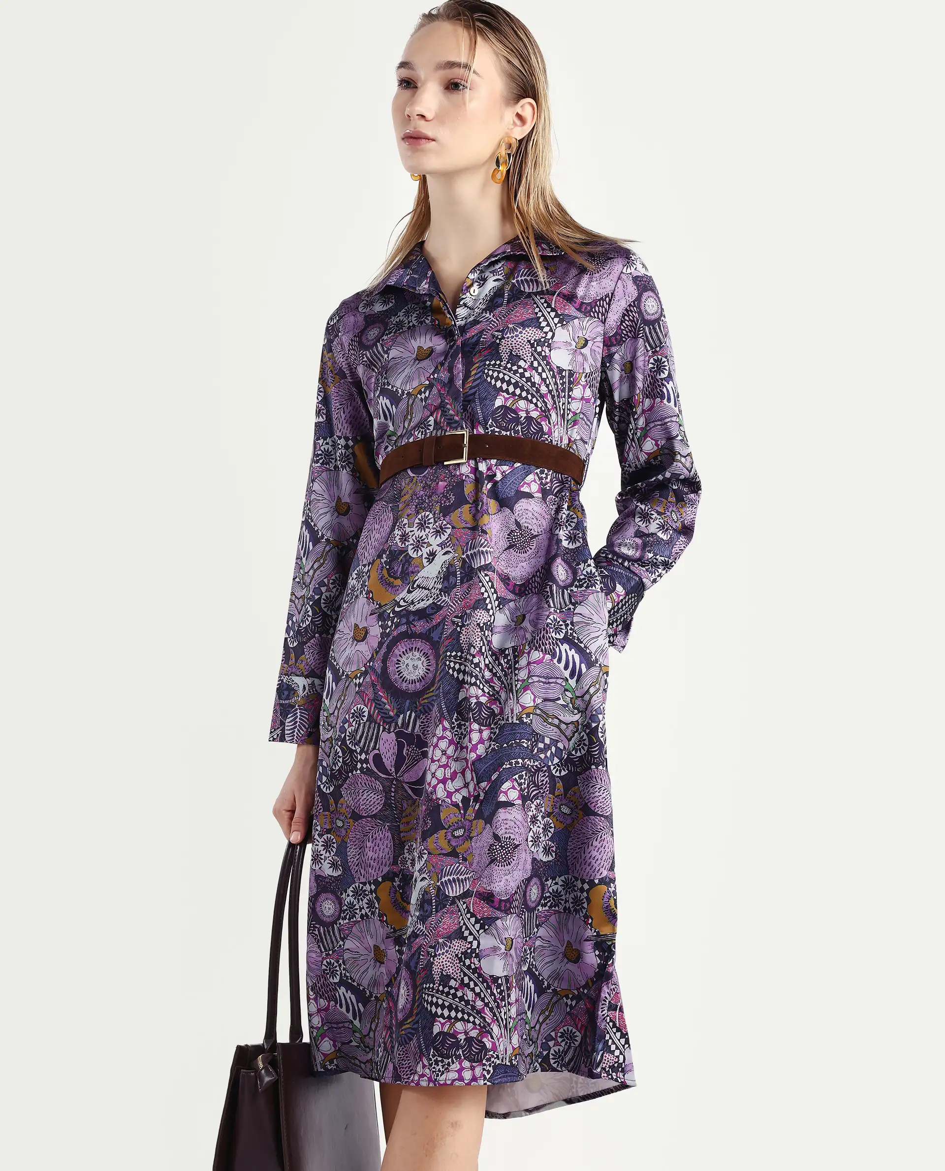 Rareism Women's Shapat Multi Satin High Neck Abstract Print Midi A-Line Dress - Image 2