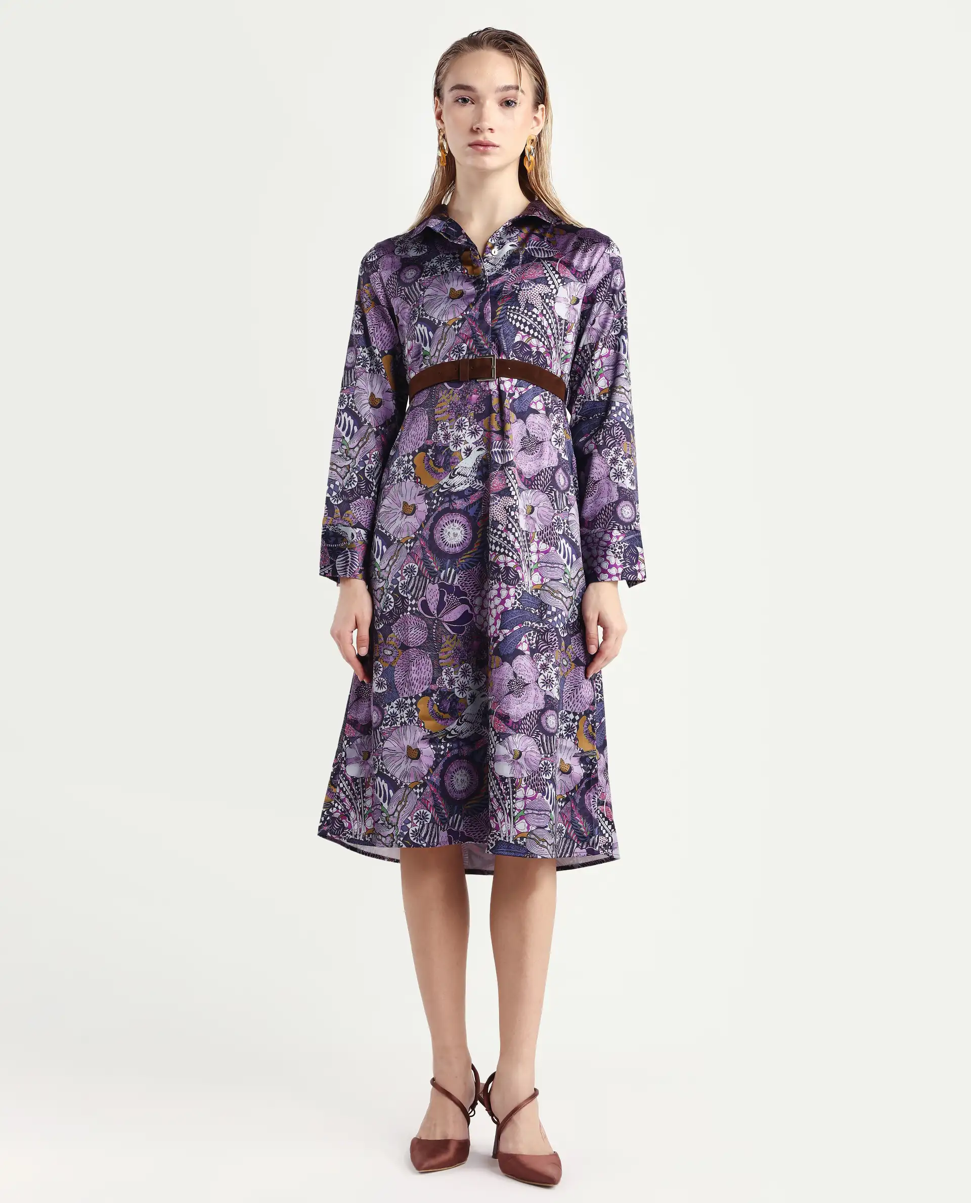 Rareism Women's Shapat Multi Satin High Neck Abstract Print Midi A-Line Dress - Image 3
