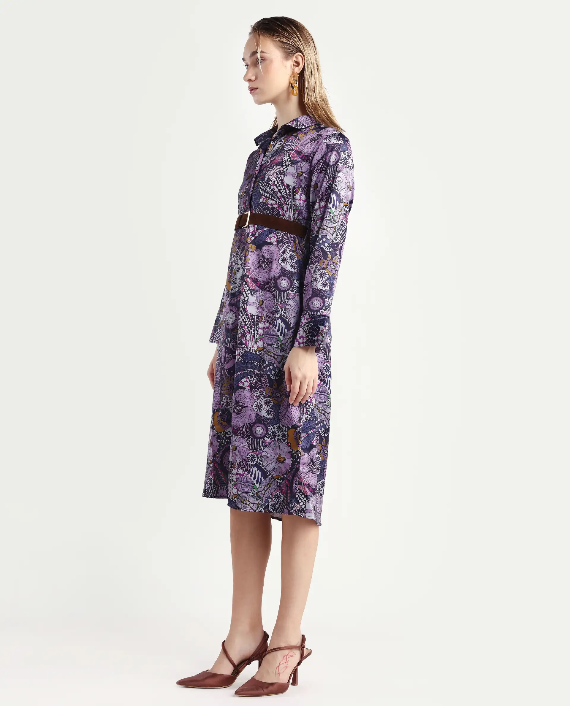 Rareism Women's Shapat Multi Satin High Neck Abstract Print Midi A-Line Dress - Image 5