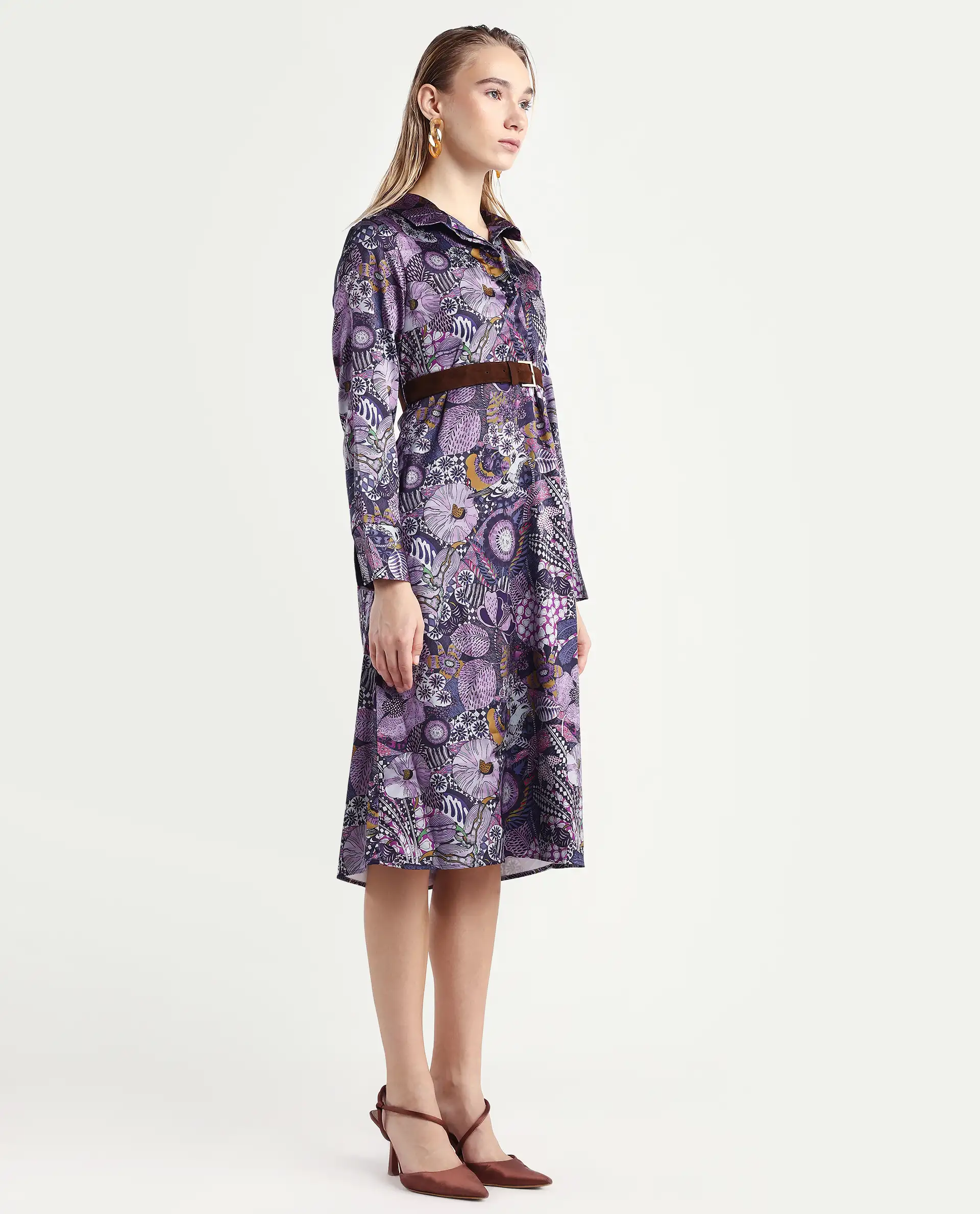 Rareism Women's Shapat Multi Satin High Neck Abstract Print Midi A-Line Dress - Image 6