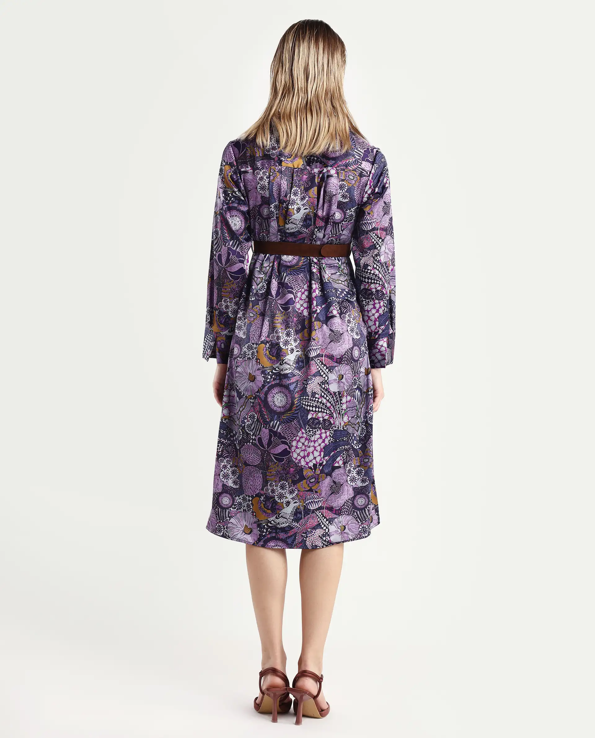 Rareism Women's Shapat Multi Satin High Neck Abstract Print Midi A-Line Dress - Image 7