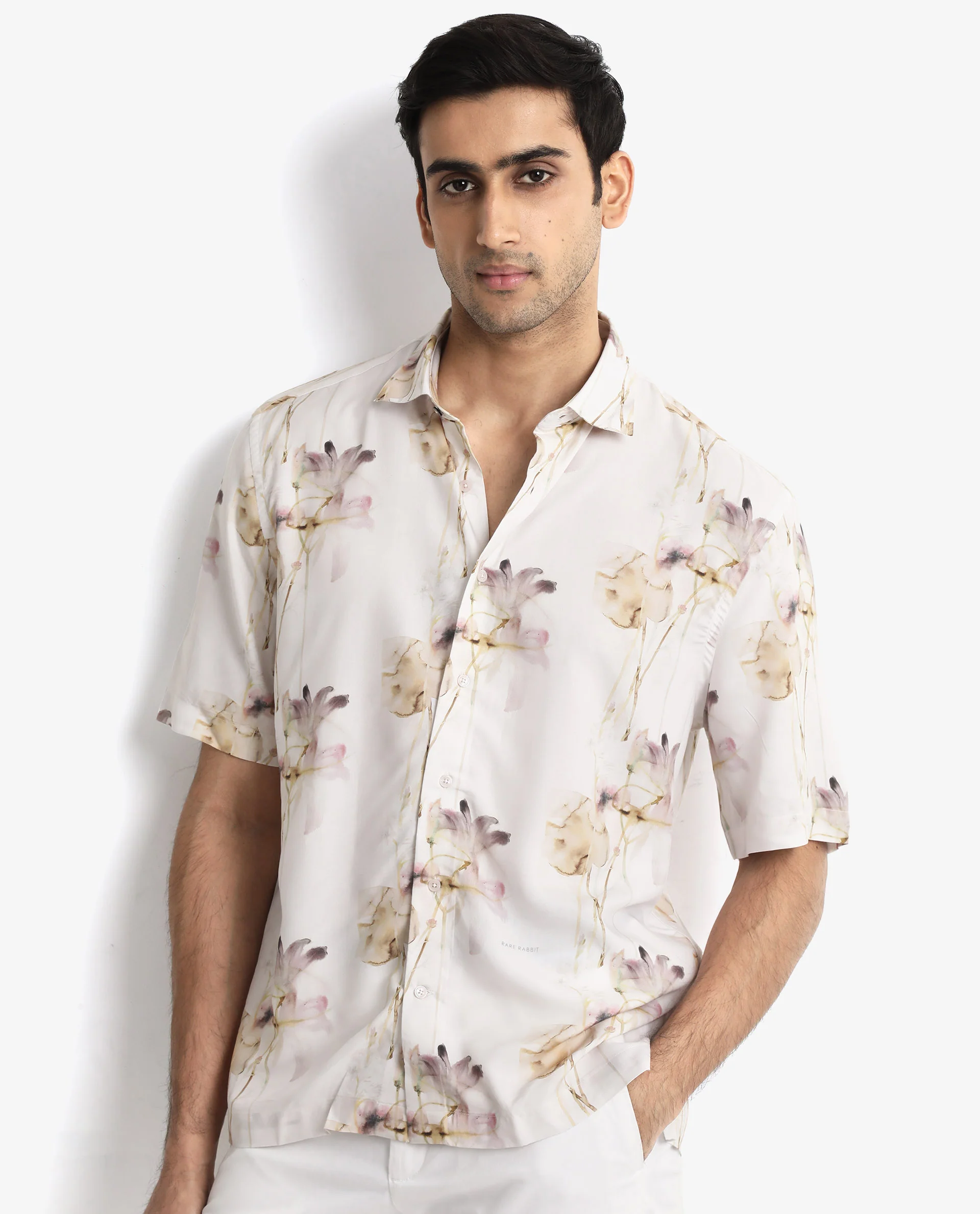 Rare Rabbit Men's Shaula Beige Viscose Floral Print Boxy Fit Half Sleeve Collared Shirt