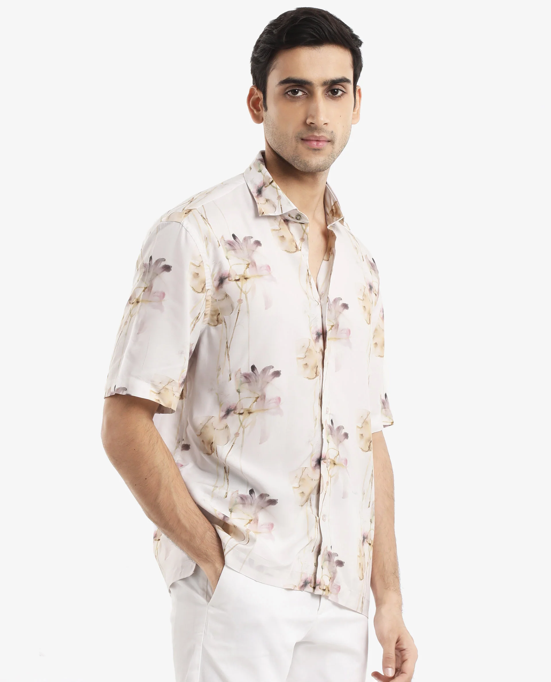 Rare Rabbit Men's Shaula Beige Viscose Floral Print Boxy Fit Half Sleeve Collared Shirt - Image 3