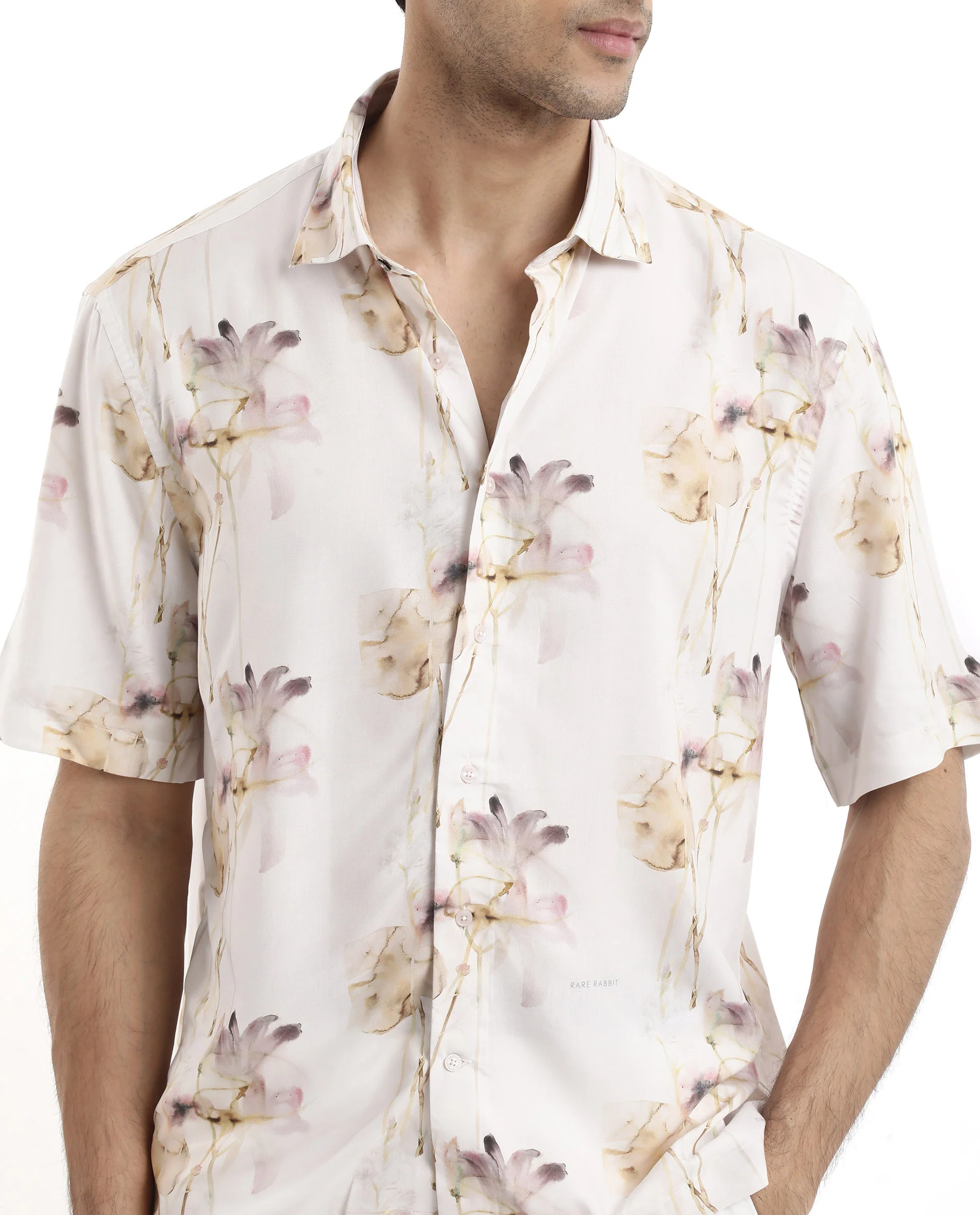 Rare Rabbit Men's Shaula Beige Viscose Floral Print Boxy Fit Half Sleeve Collared Shirt - Image 4