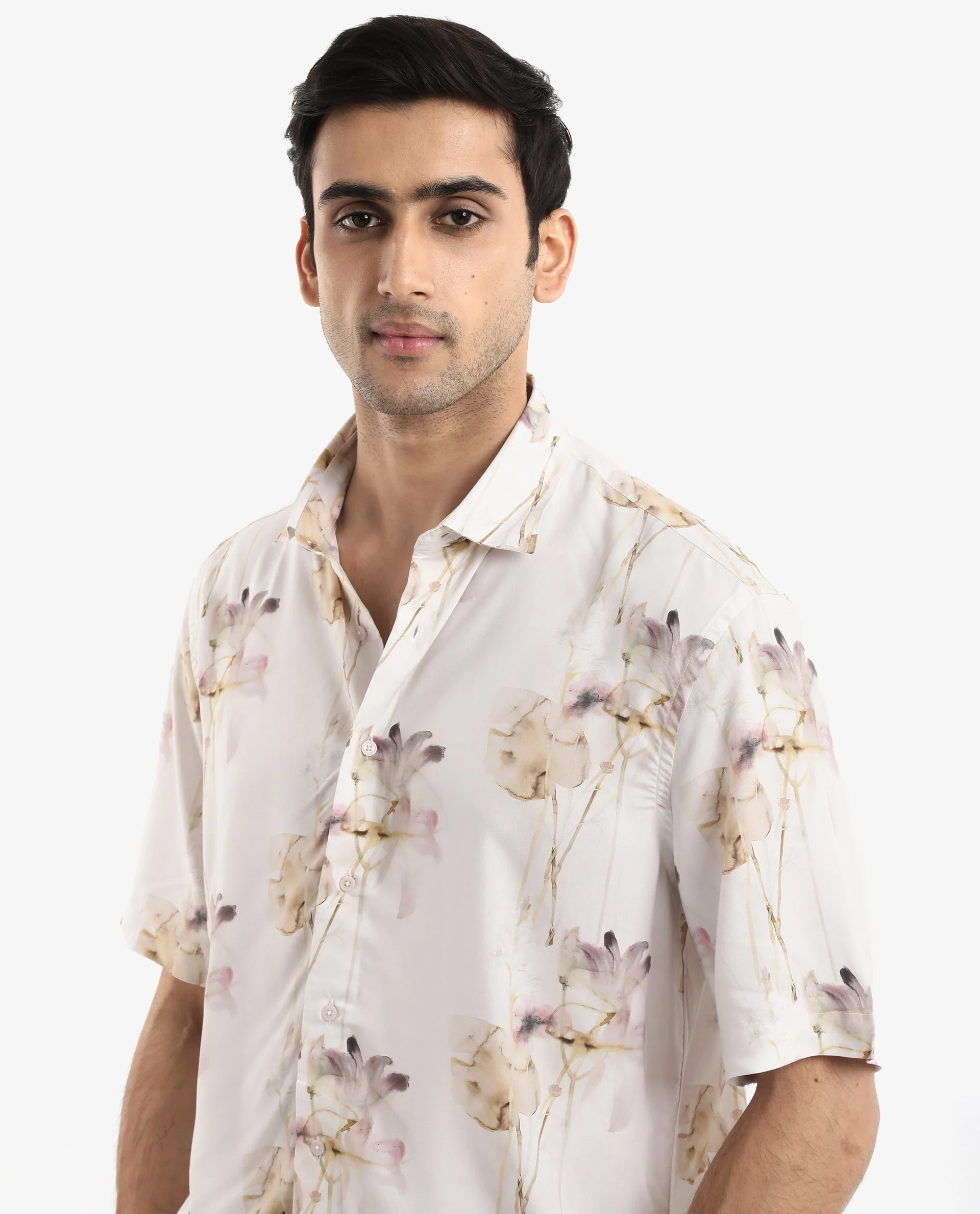 Rare Rabbit Men's Shaula Beige Viscose Floral Print Boxy Fit Half Sleeve Collared Shirt - Image 5