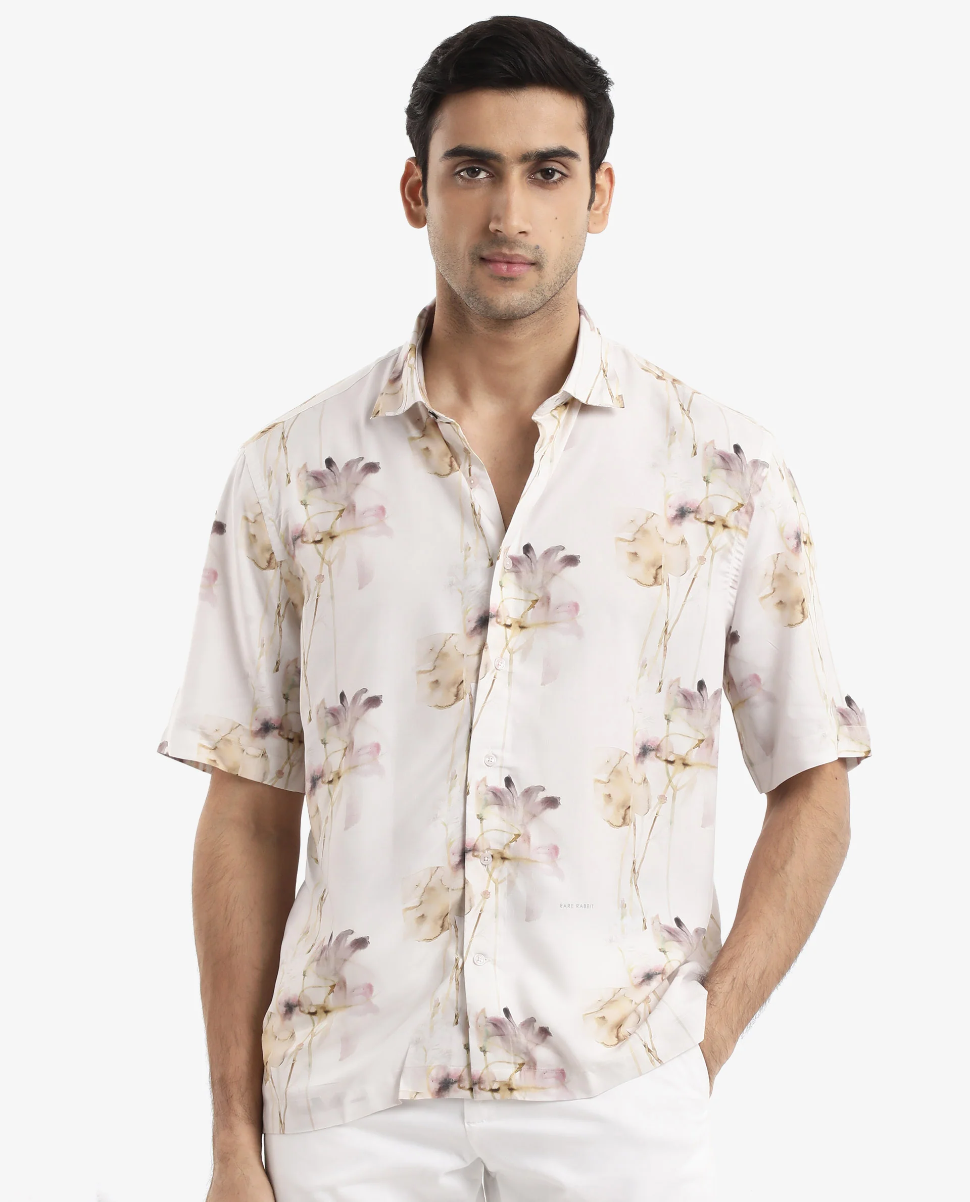 Rare Rabbit Men's Shaula Beige Viscose Floral Print Boxy Fit Half Sleeve Collared Shirt - Image 7