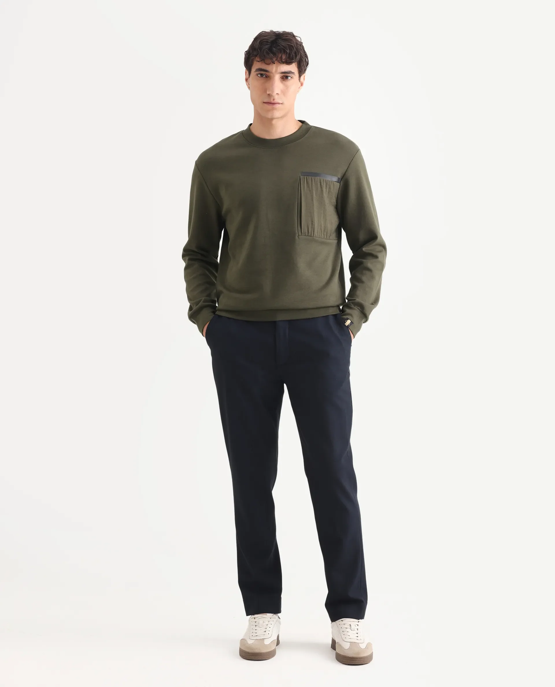 Rare Rabbit Men's Shaw Olive Cotton Plain Regular Fit Full Sleeve Crew Neck Sweatshirt - Image 2