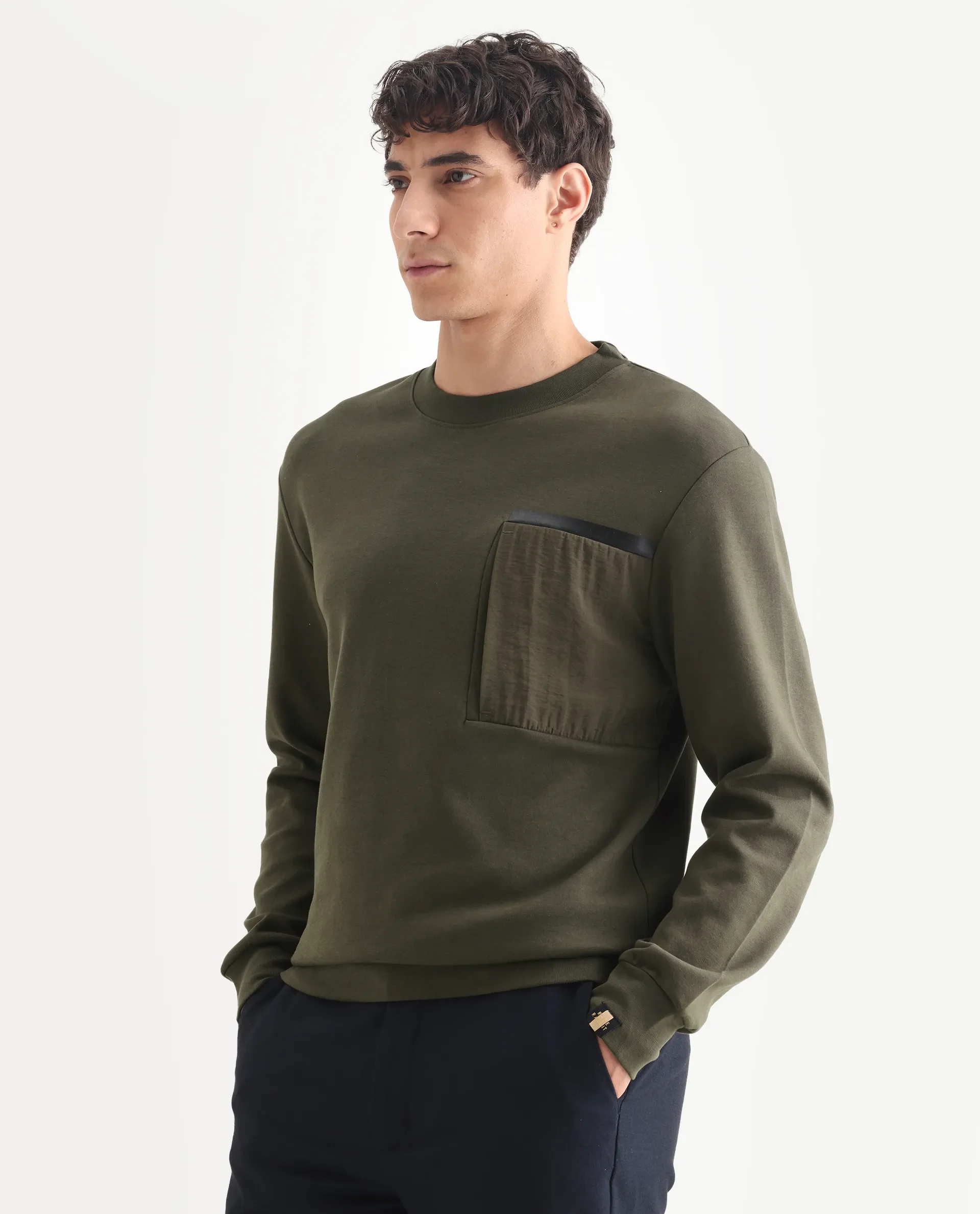 Rare Rabbit Men's Shaw Olive Cotton Plain Regular Fit Full Sleeve Crew Neck Sweatshirt - Image 3