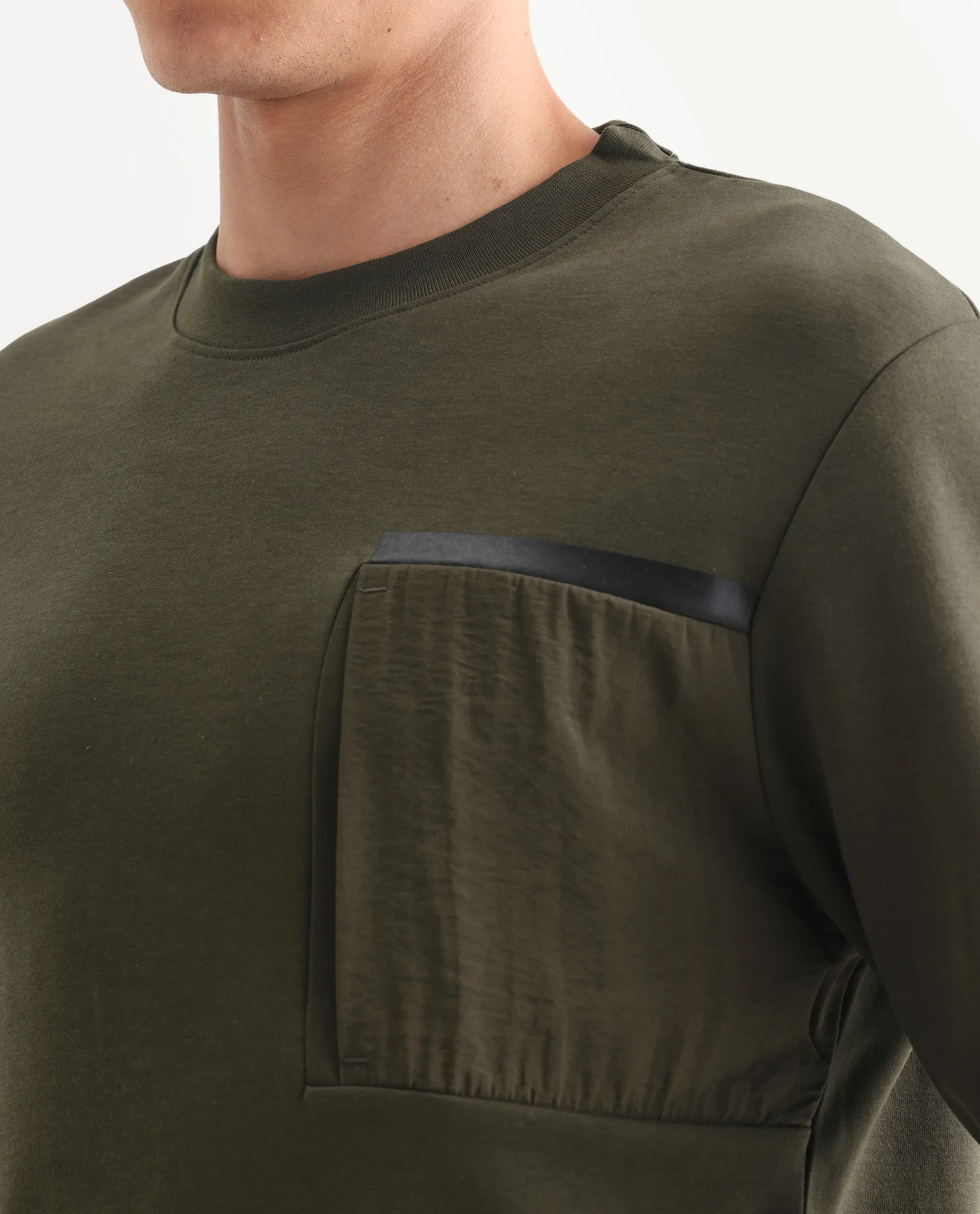 Rare Rabbit Men's Shaw Olive Cotton Plain Regular Fit Full Sleeve Crew Neck Sweatshirt - Image 4