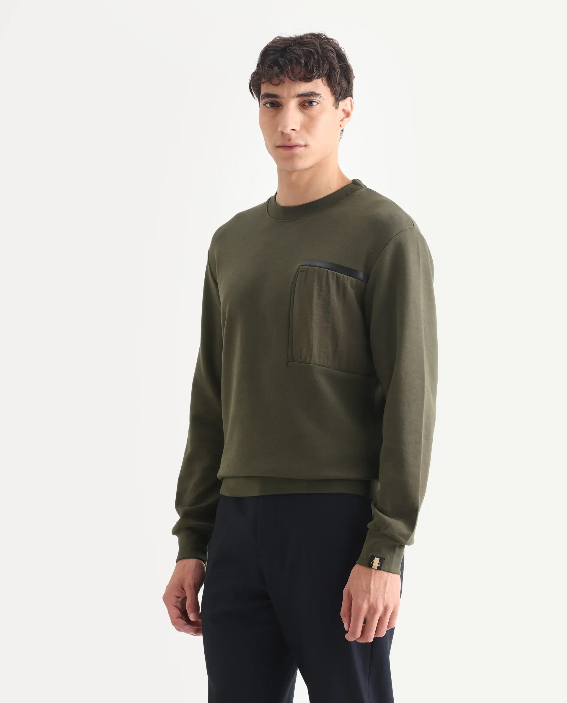 Rare Rabbit Men's Shaw Olive Cotton Plain Regular Fit Full Sleeve Crew Neck Sweatshirt - Image 5