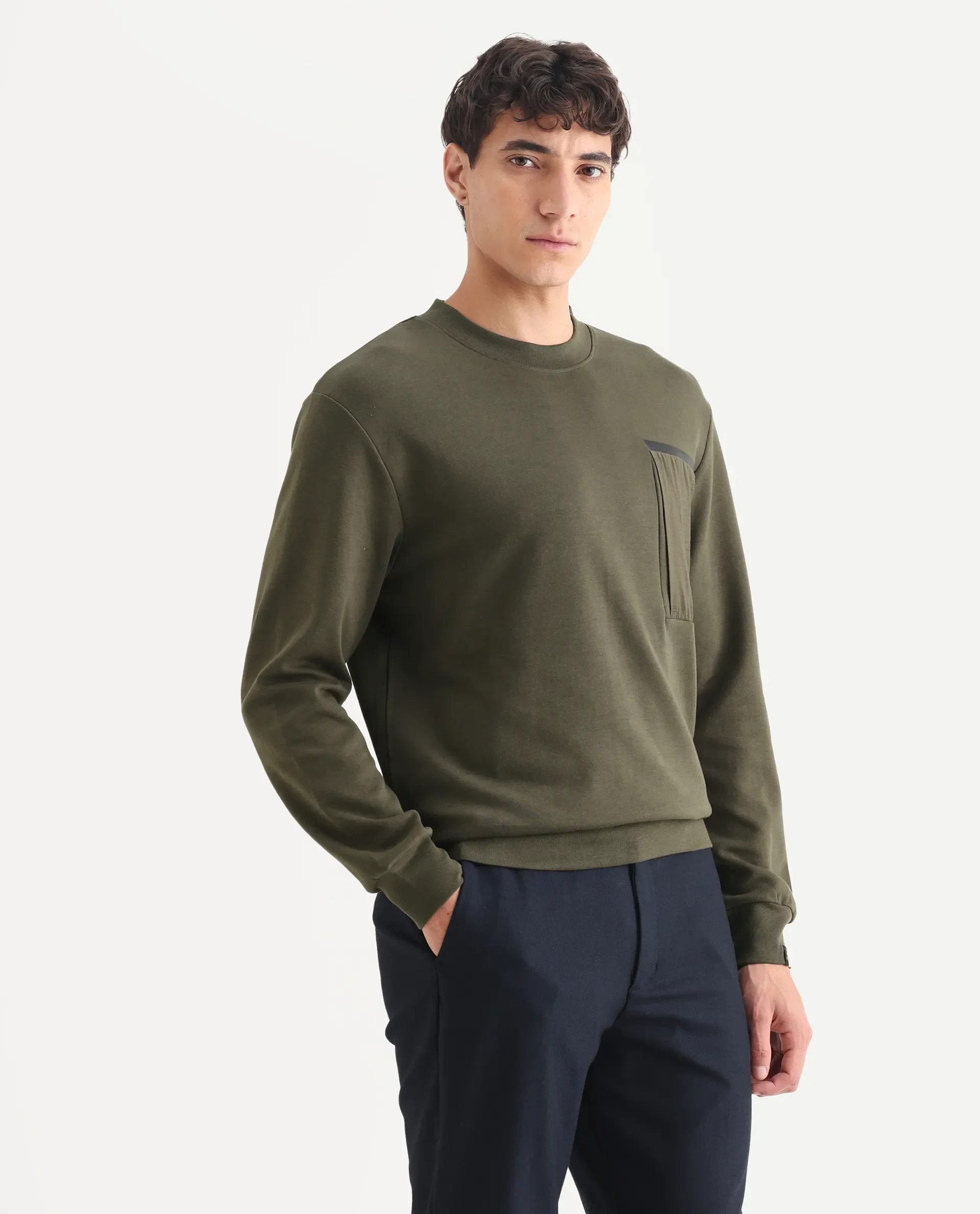 Rare Rabbit Men's Shaw Olive Cotton Plain Regular Fit Full Sleeve Crew Neck Sweatshirt - Image 6