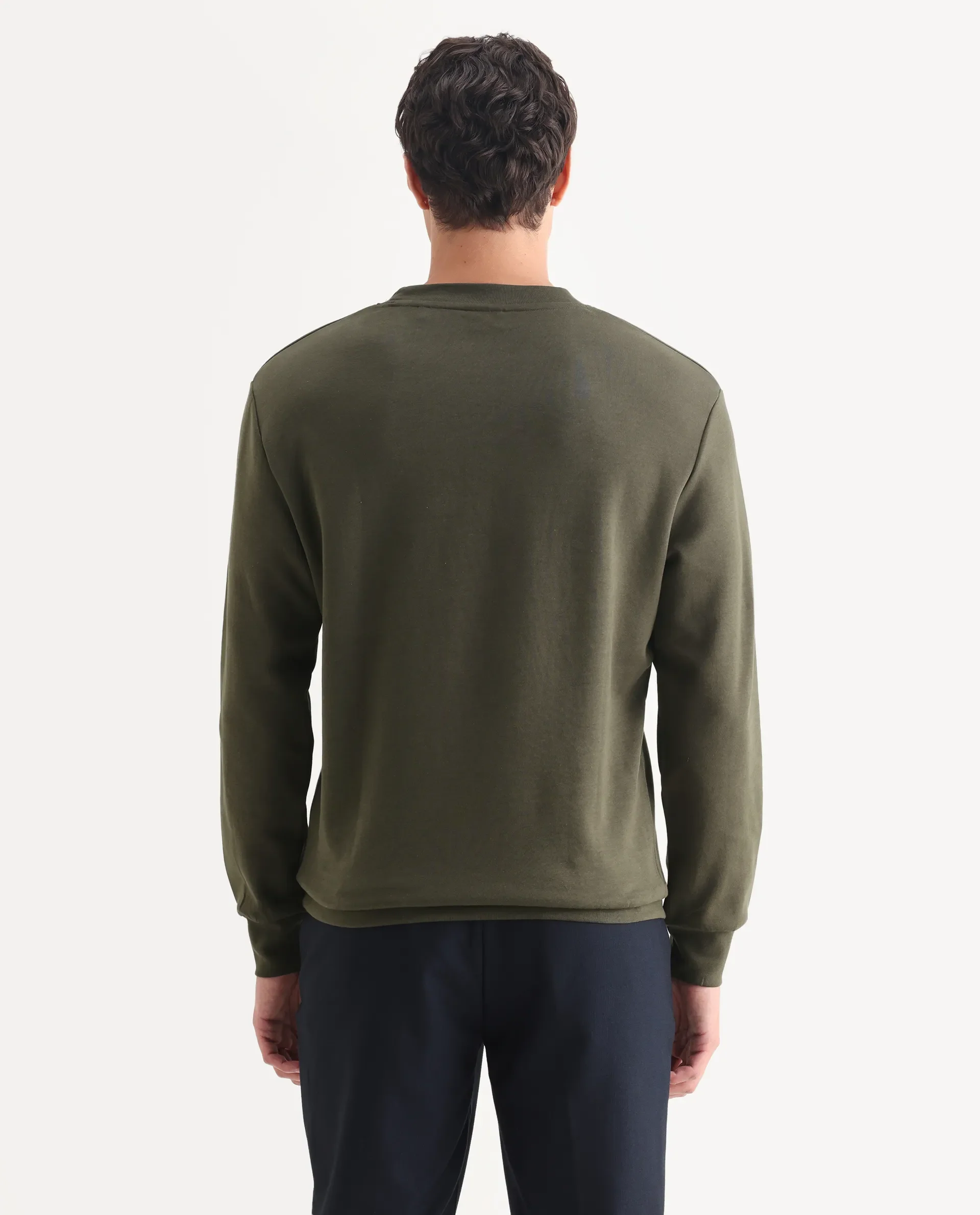 Rare Rabbit Men's Shaw Olive Cotton Plain Regular Fit Full Sleeve Crew Neck Sweatshirt - Image 7