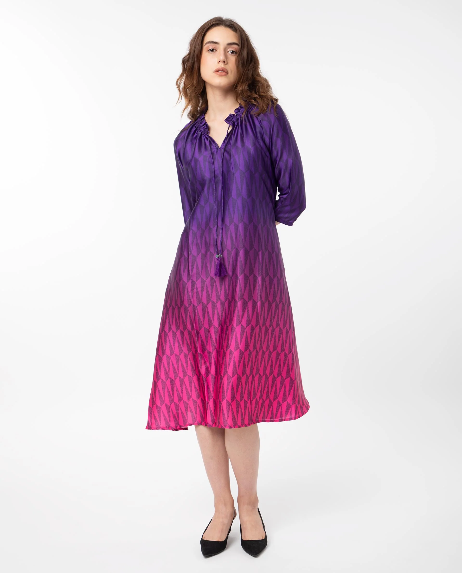 Rareism Women's Shaw Pink Polyester Tie-Up Neck Ombre Knee Length Regular Fit Dress