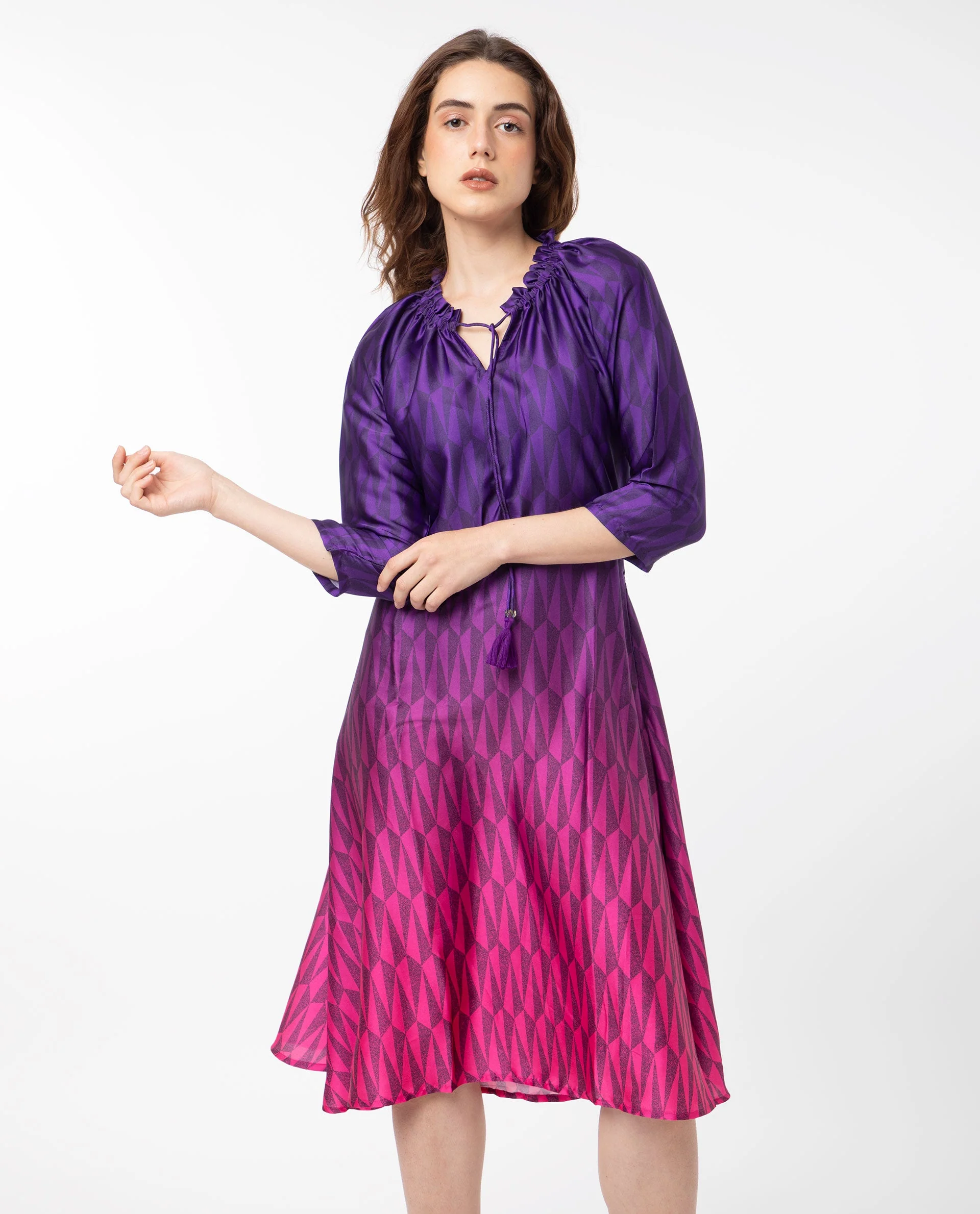 Rareism Women's Shaw Pink Polyester Tie-Up Neck Ombre Knee Length Regular Fit Dress - Image 2