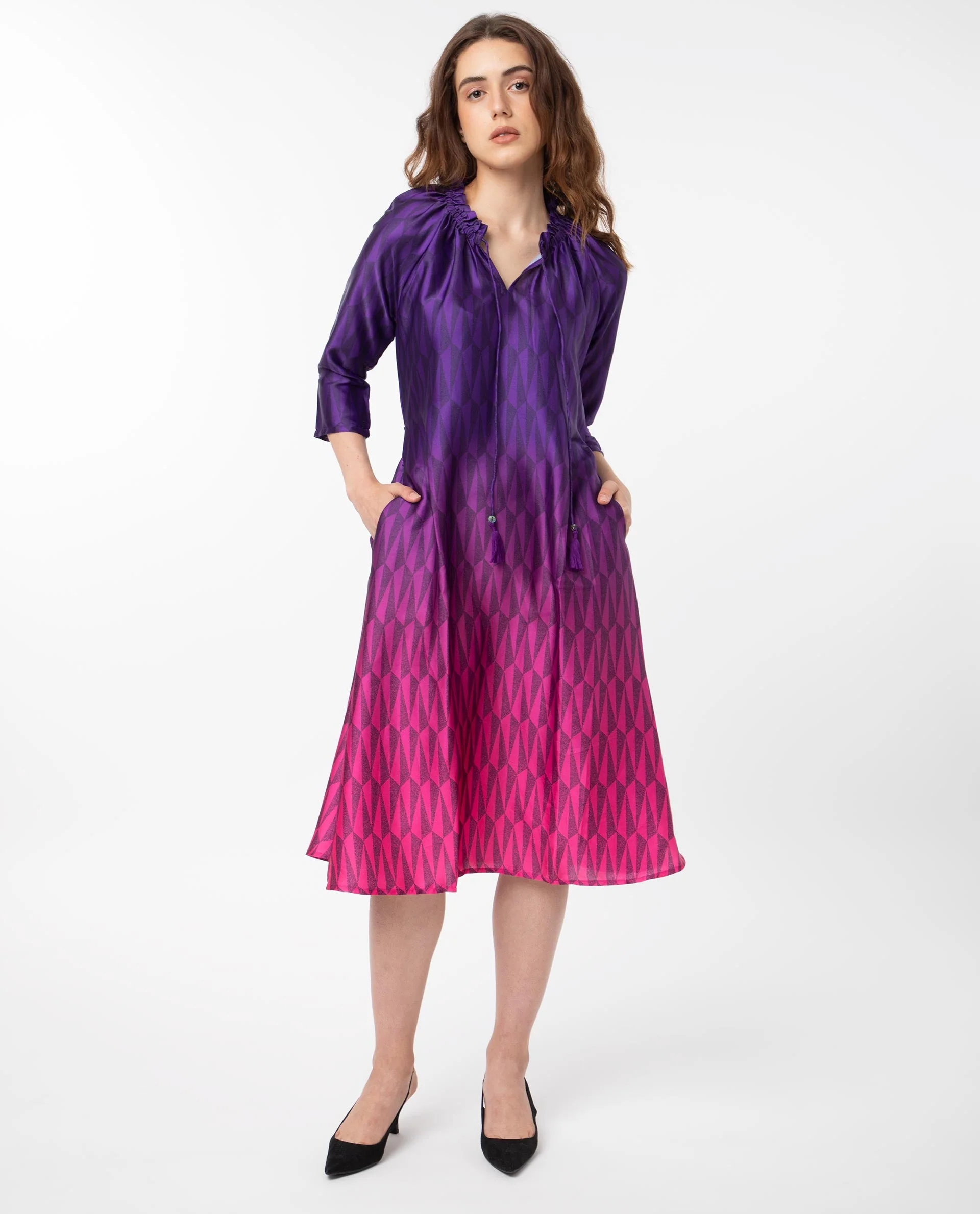 Rareism Women's Shaw Pink Polyester Tie-Up Neck Ombre Knee Length Regular Fit Dress - Image 5