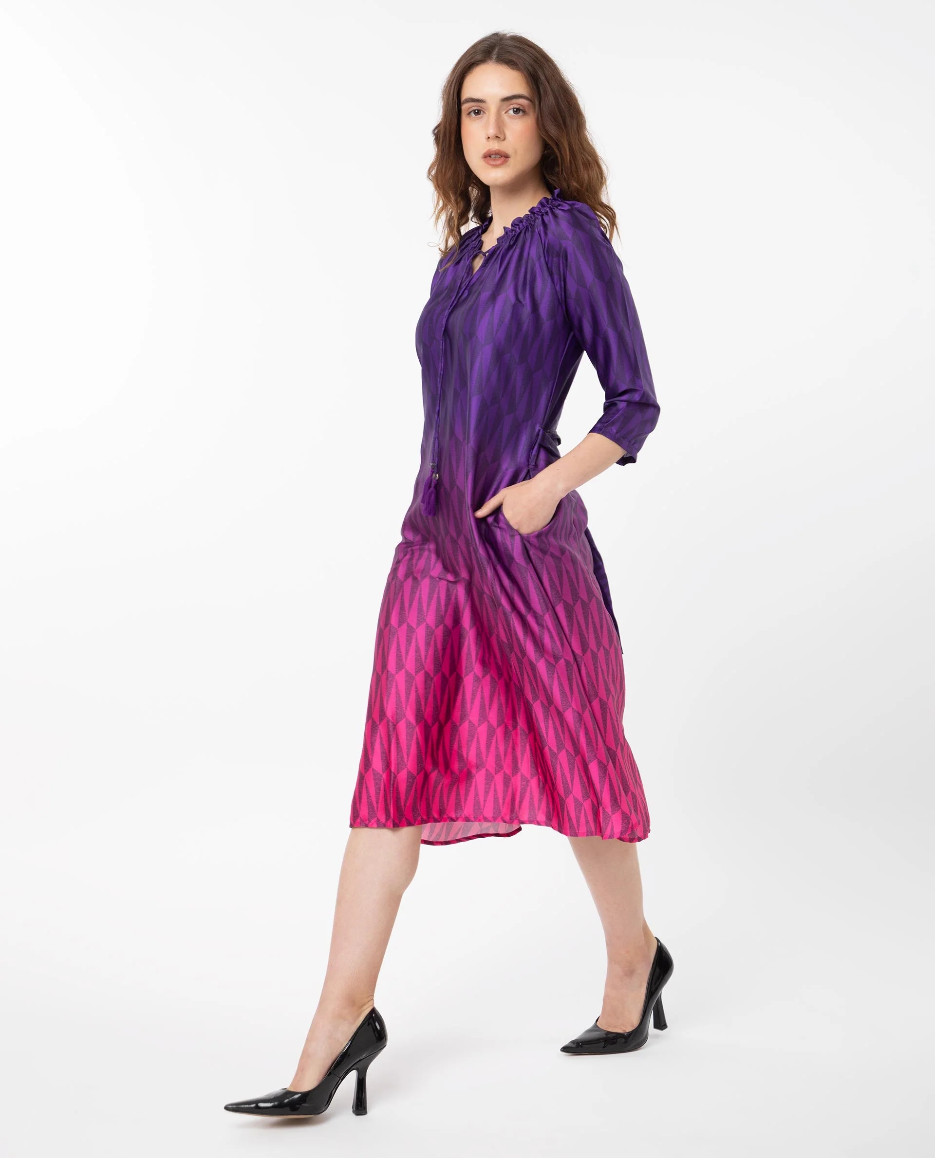 Rareism Women's Shaw Pink Polyester Tie-Up Neck Ombre Knee Length Regular Fit Dress - Image 8