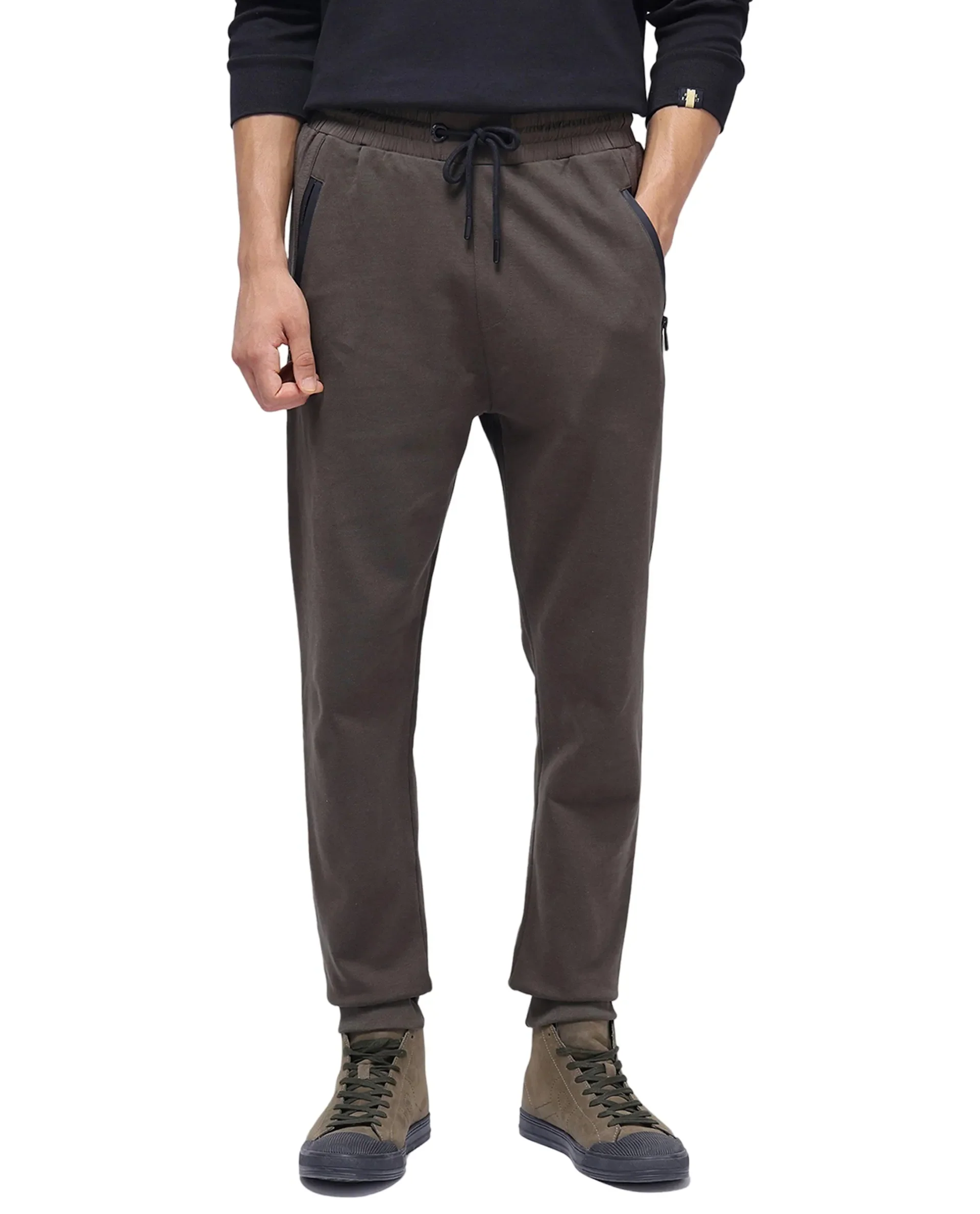 Rare Rabbit Men's Shawn Olive Cotton Plain Regular Fit Joggers