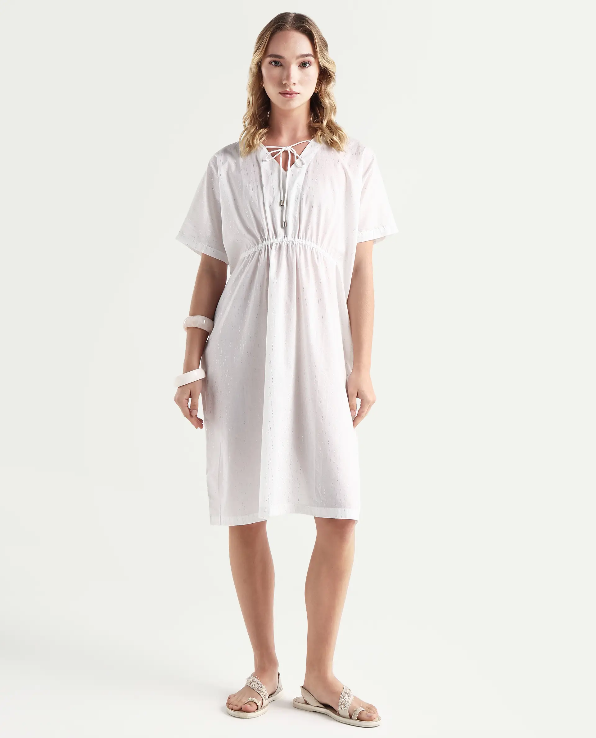 Rareism Women's Shawn White Cotton Tie-Up Neck Plain Extended Sleeves Knee Length Relaxed Fit Dress - Image 3