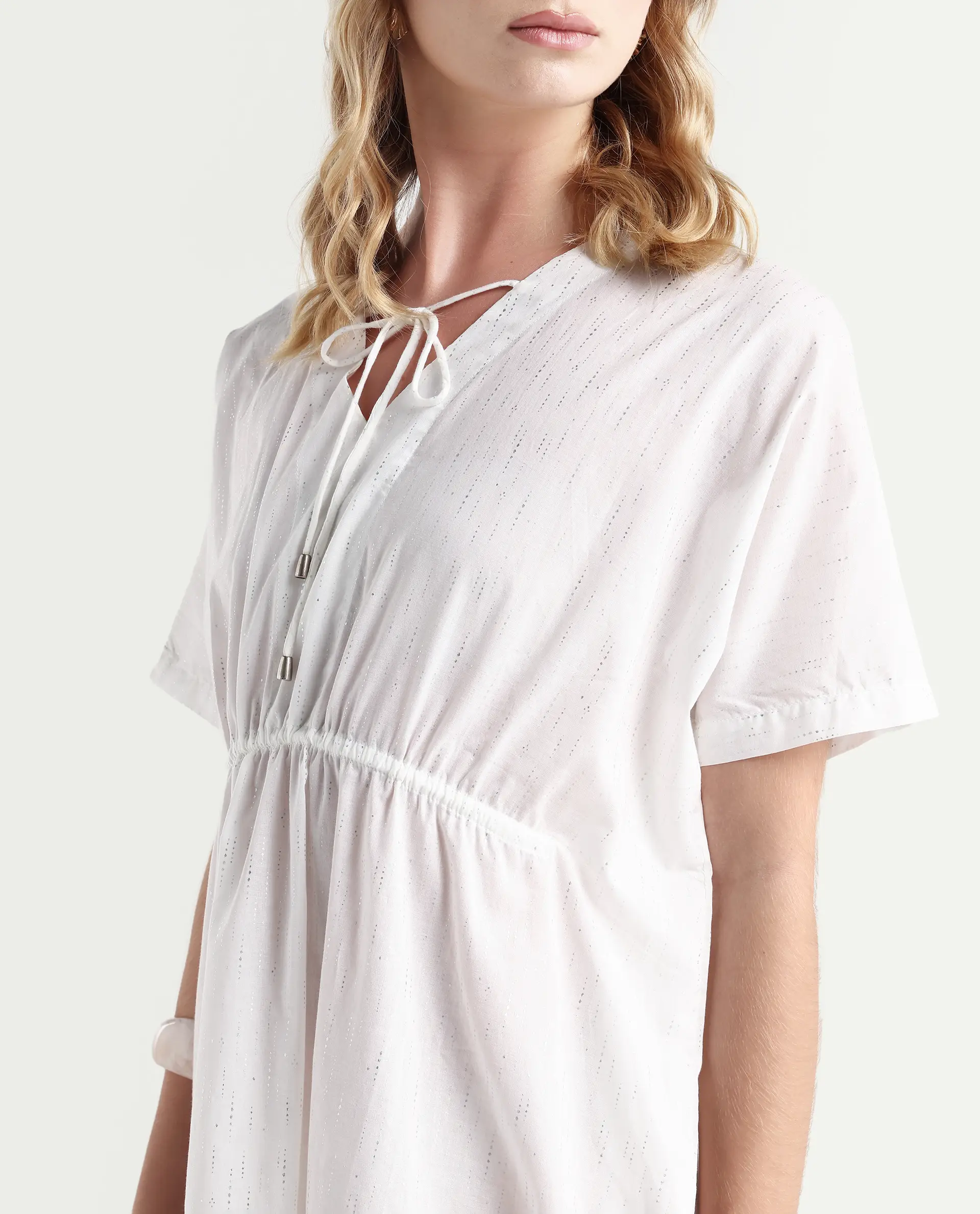 Rareism Women's Shawn White Cotton Tie-Up Neck Plain Extended Sleeves Knee Length Relaxed Fit Dress - Image 4
