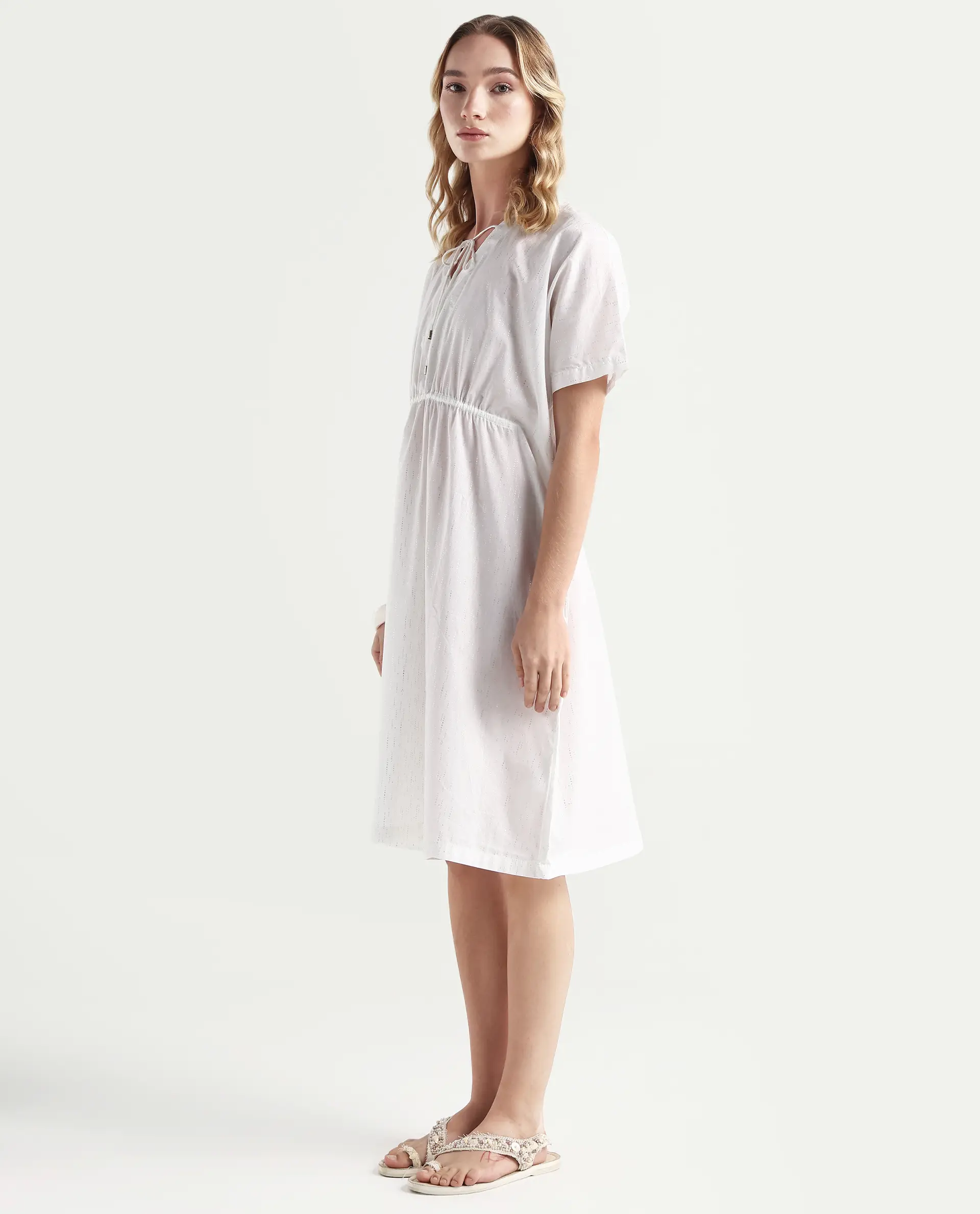 Rareism Women's Shawn White Cotton Tie-Up Neck Plain Extended Sleeves Knee Length Relaxed Fit Dress - Image 5