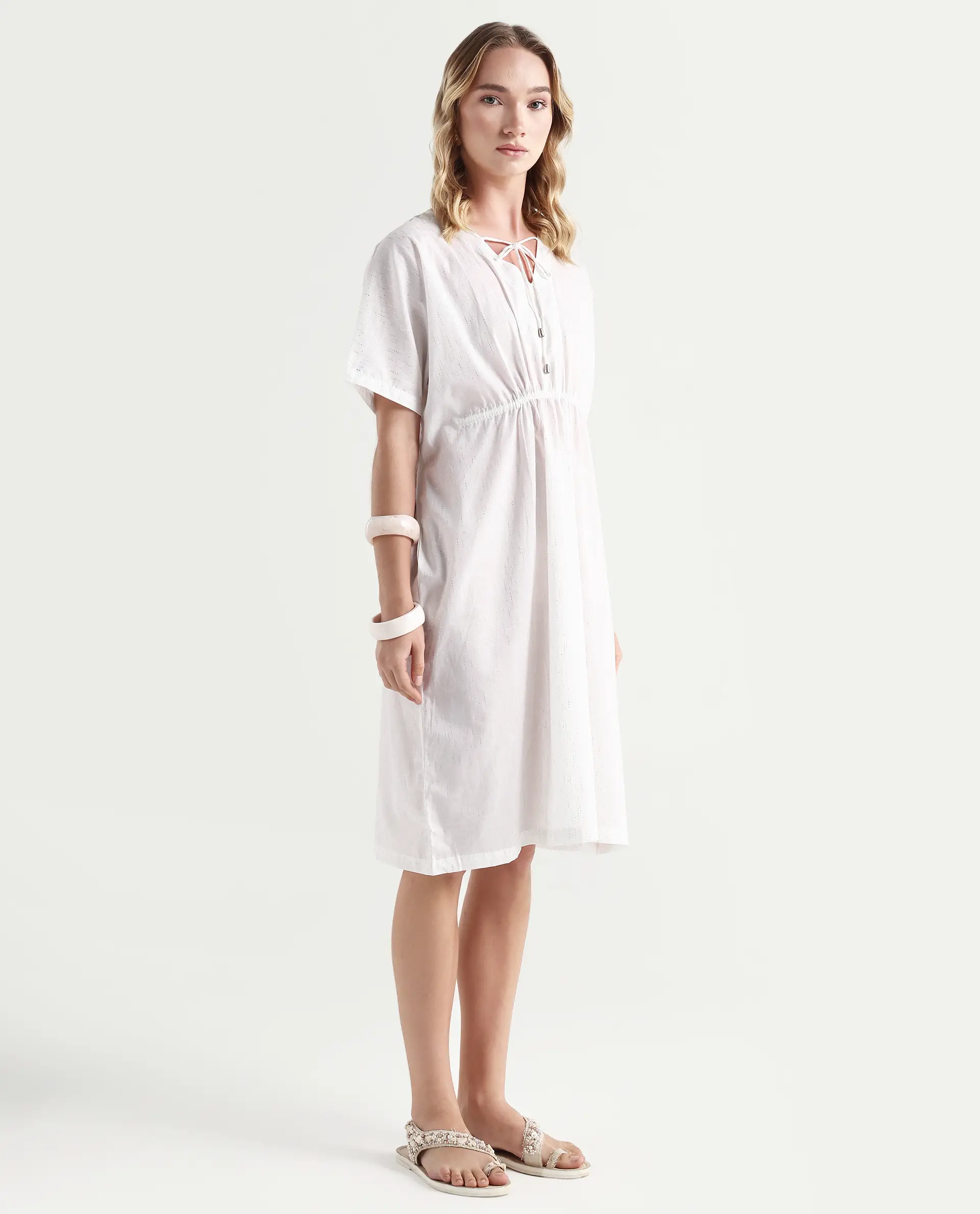 Rareism Women's Shawn White Cotton Tie-Up Neck Plain Extended Sleeves Knee Length Relaxed Fit Dress - Image 6
