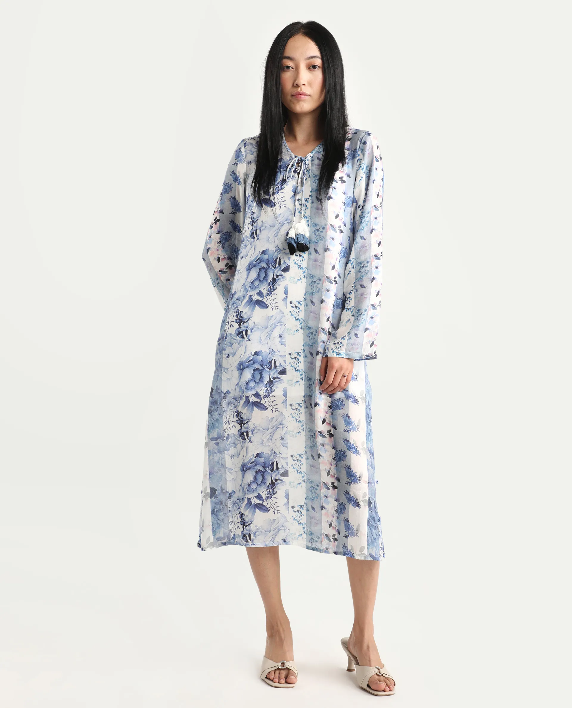 Rareism Women's Shay Blue Modal Tie-Up Neck Floral Print Knee Length Relaxed Fit Shrug