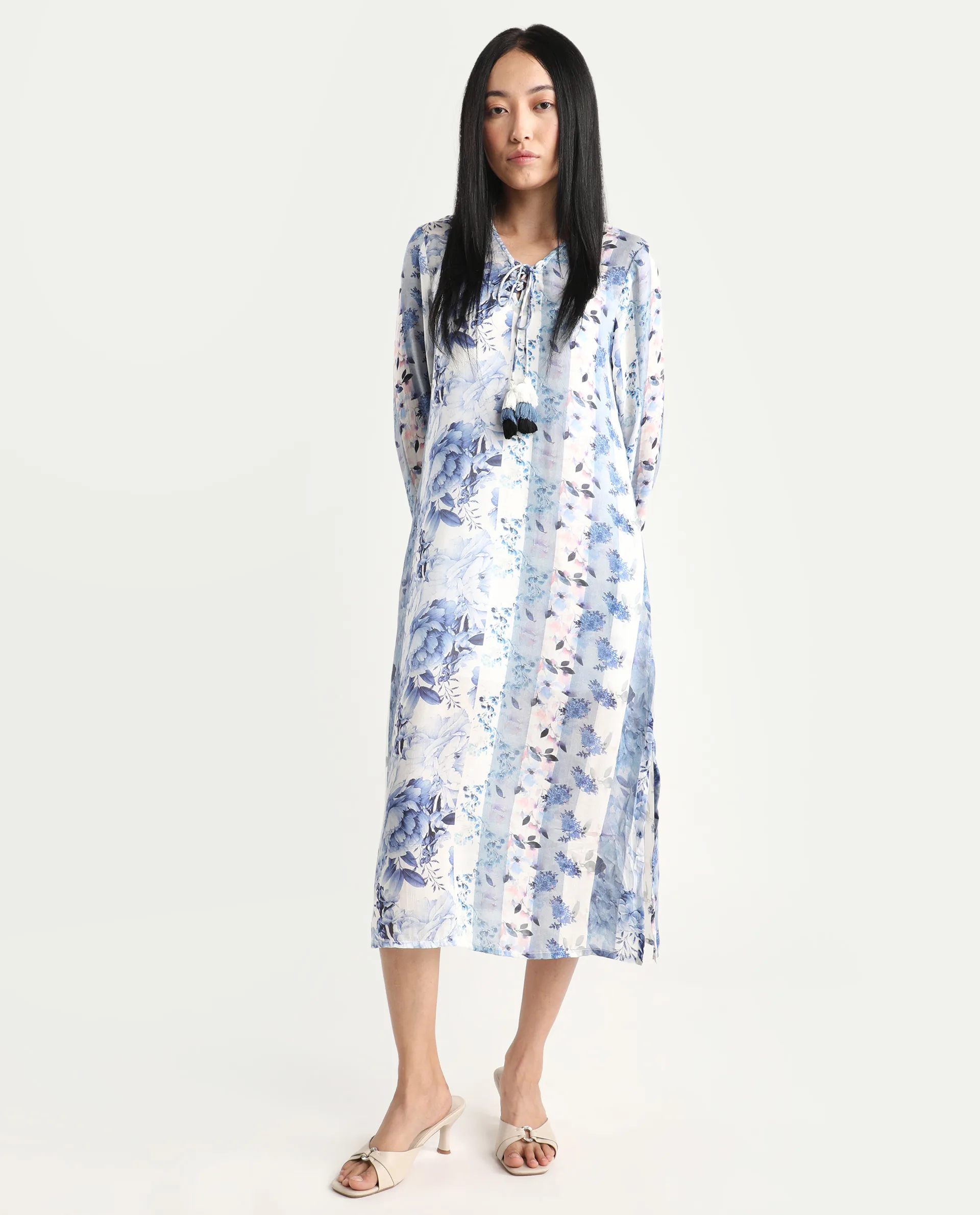 Rareism Women's Shay Blue Modal Tie-Up Neck Floral Print Knee Length Relaxed Fit Shrug - Image 4