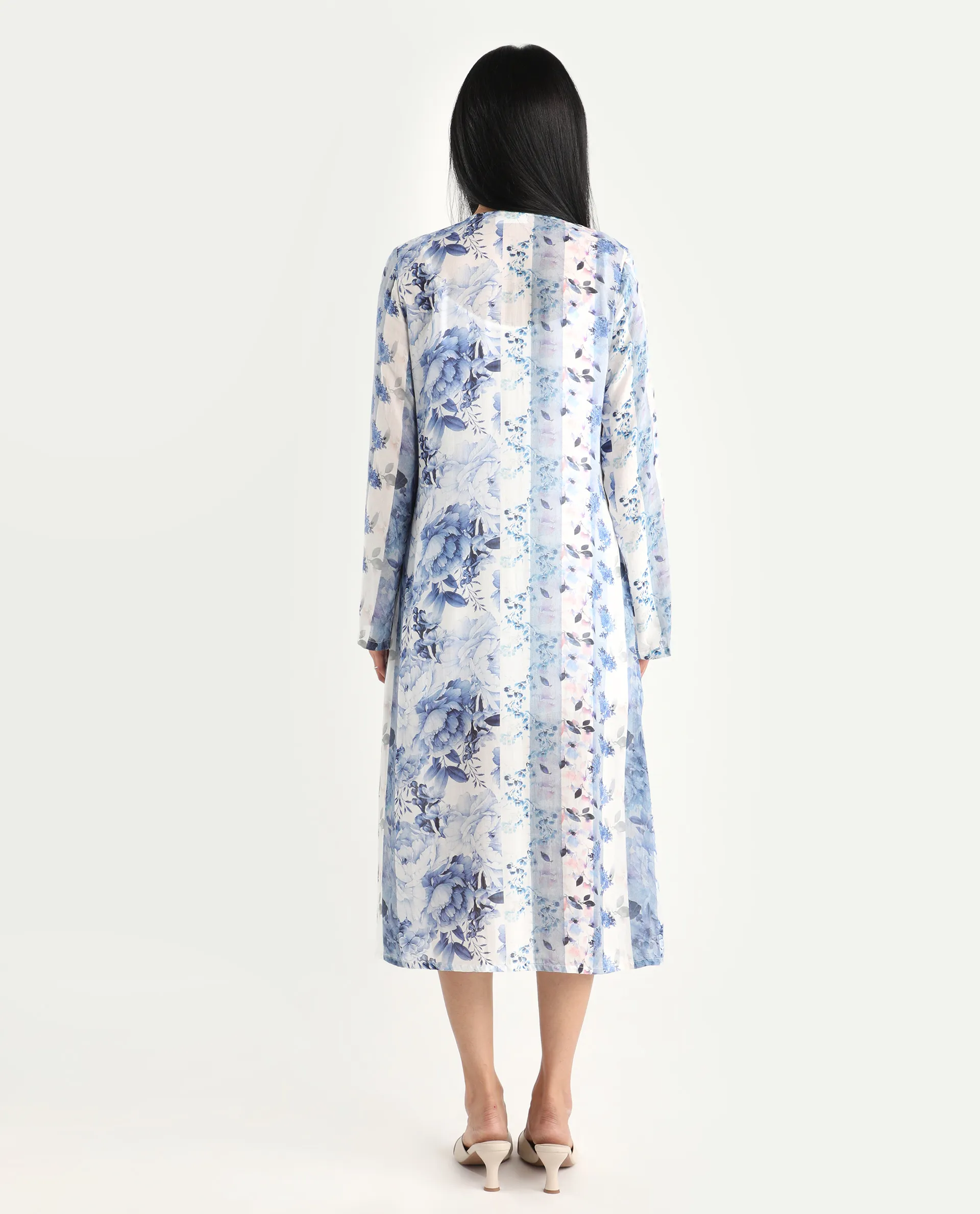 Rareism Women's Shay Blue Modal Tie-Up Neck Floral Print Knee Length Relaxed Fit Shrug - Image 5