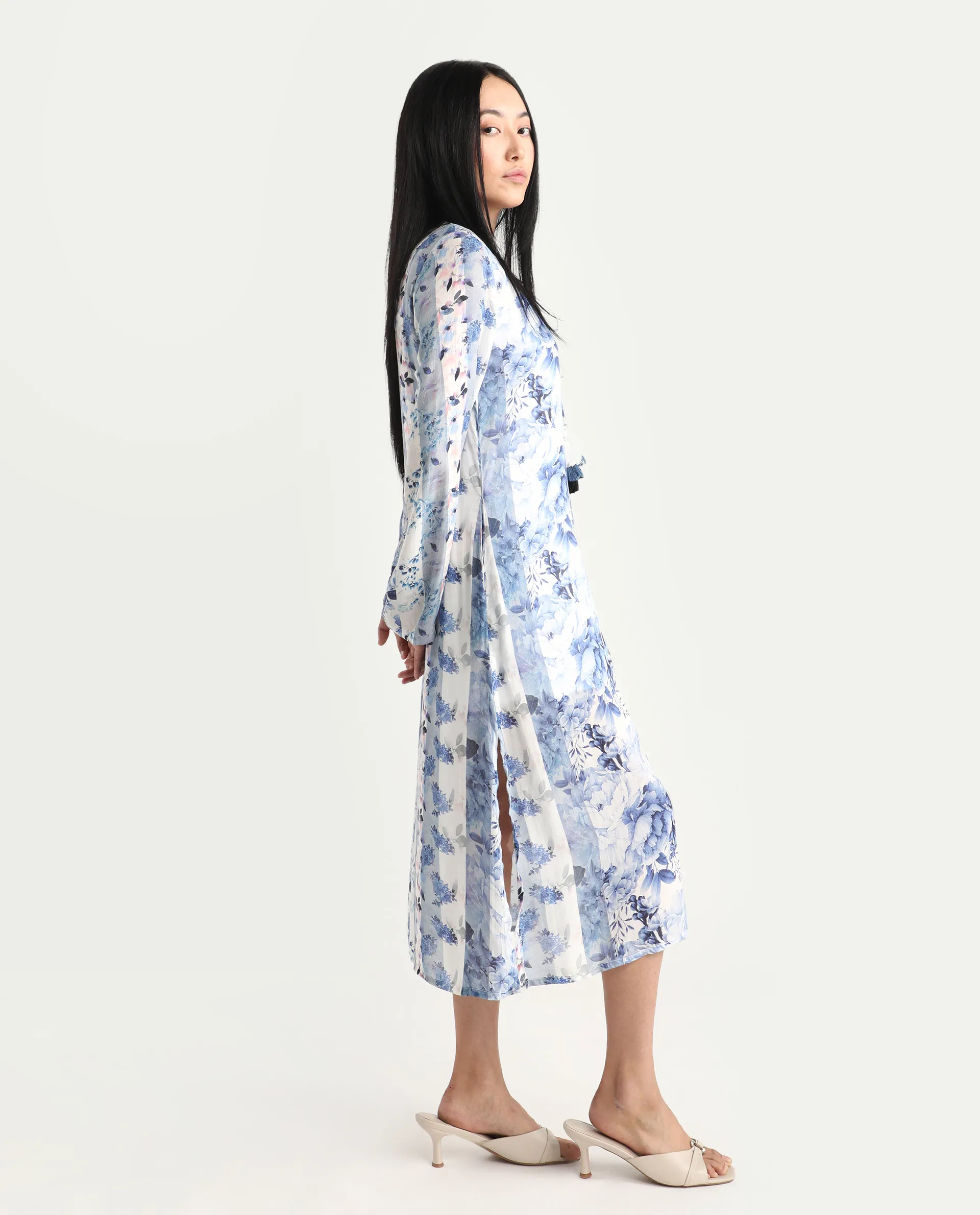 Rareism Women's Shay Blue Modal Tie-Up Neck Floral Print Knee Length Relaxed Fit Shrug - Image 6