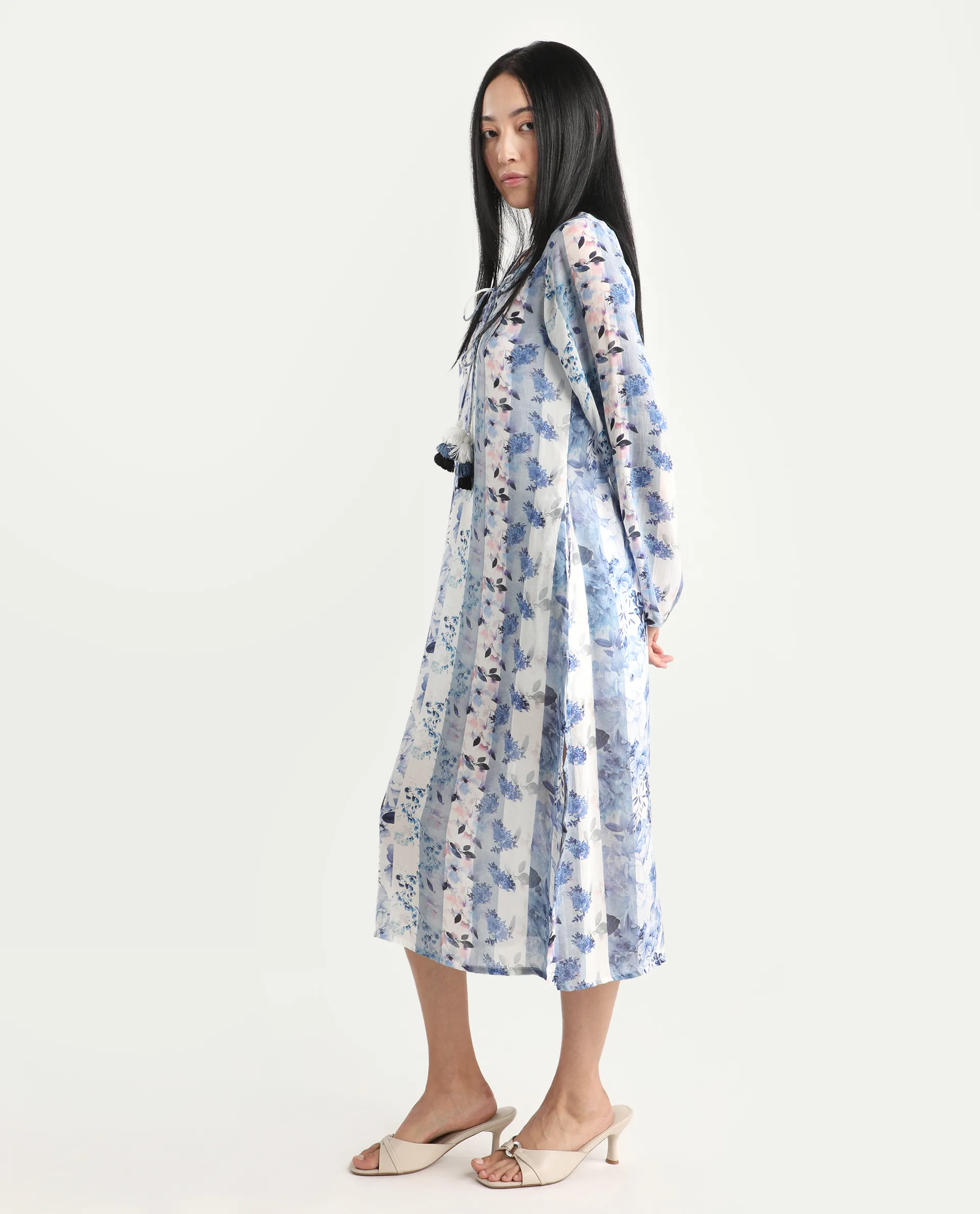 Rareism Women's Shay Blue Modal Tie-Up Neck Floral Print Knee Length Relaxed Fit Shrug - Image 7