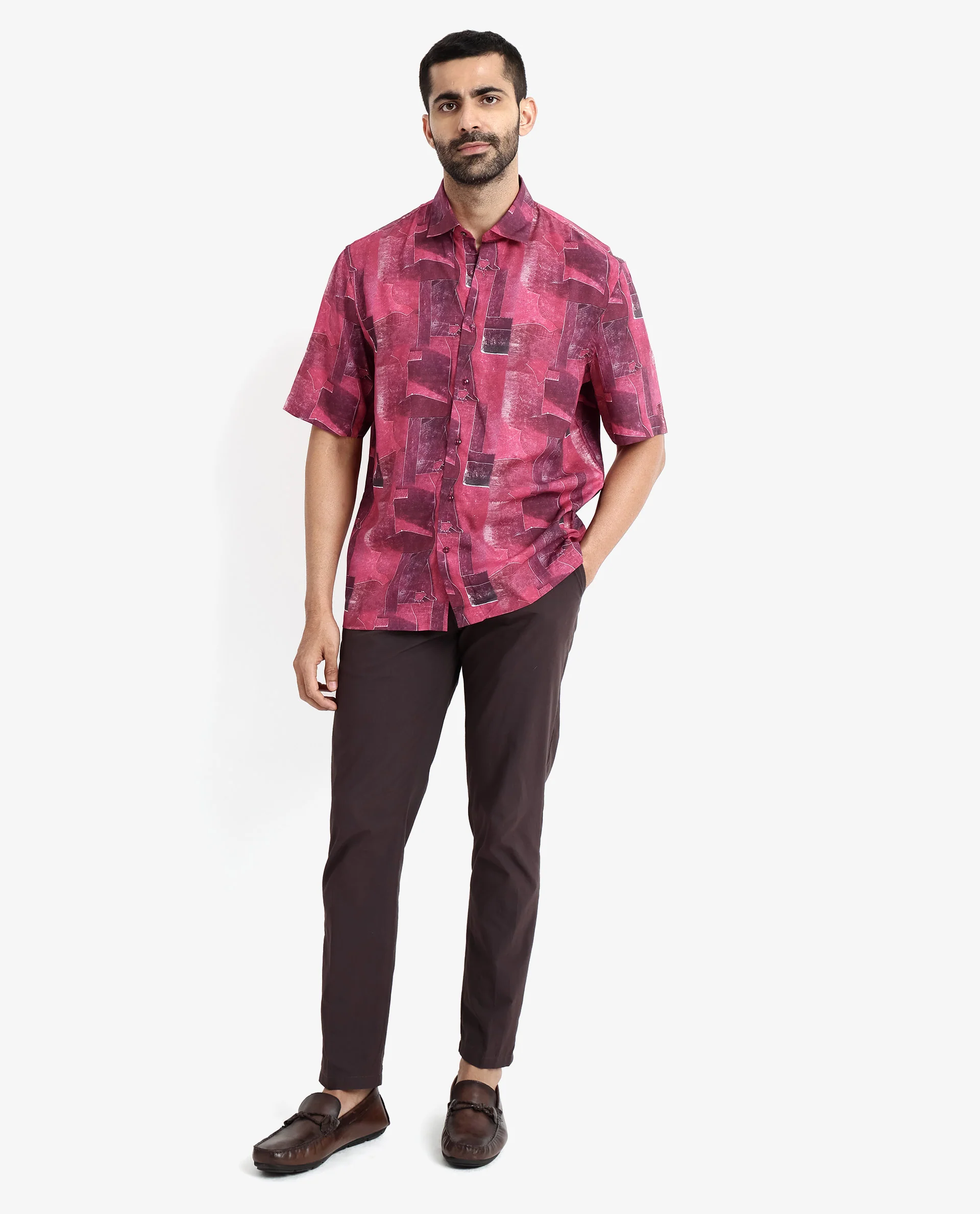 Rare Rabbit Men's Sheat Maroon Viscose Abstract Print Boxy Fit Half Sleeve Collared Shirt - Image 2