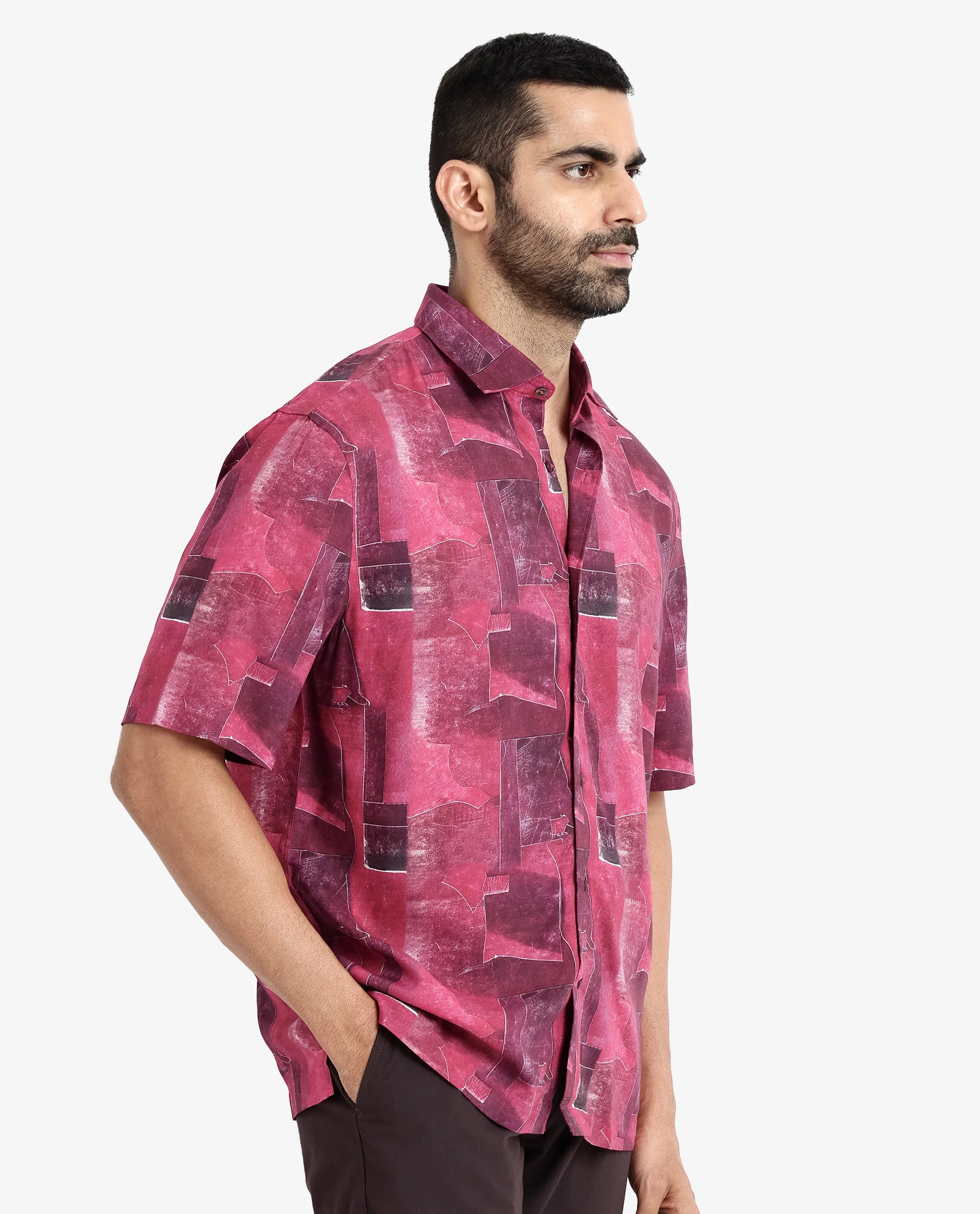 Rare Rabbit Men's Sheat Maroon Viscose Abstract Print Boxy Fit Half Sleeve Collared Shirt - Image 6
