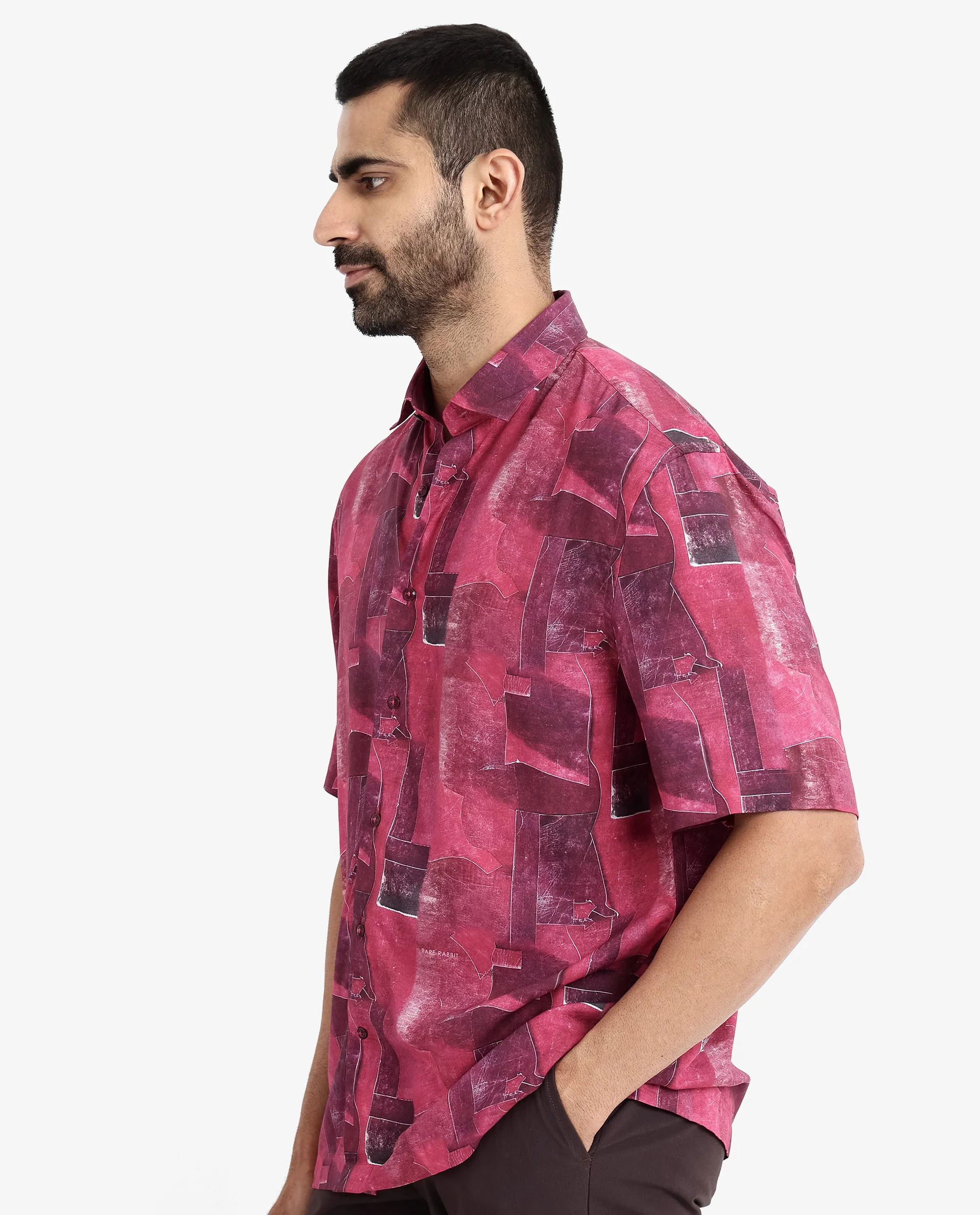Rare Rabbit Men's Sheat Maroon Viscose Abstract Print Boxy Fit Half Sleeve Collared Shirt - Image 7