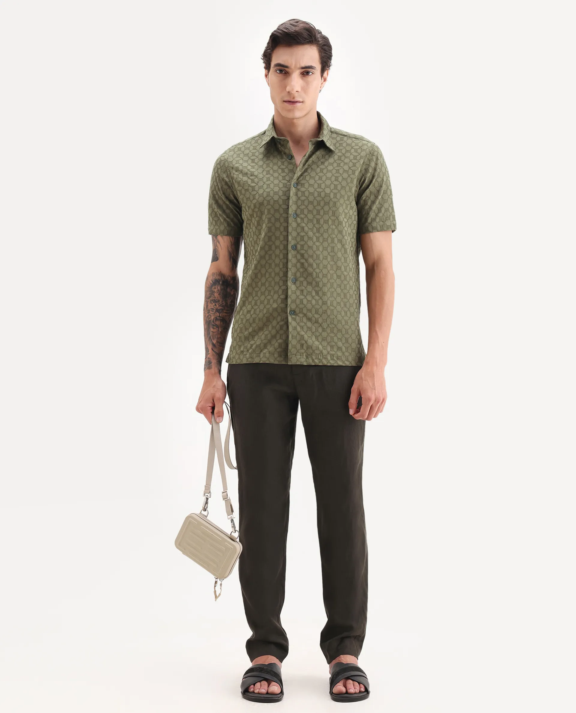 Rare Rabbit Men's Shef Olive Cotton Embroidered Regular Fit Half Sleeve Collared Shirt - Image 2