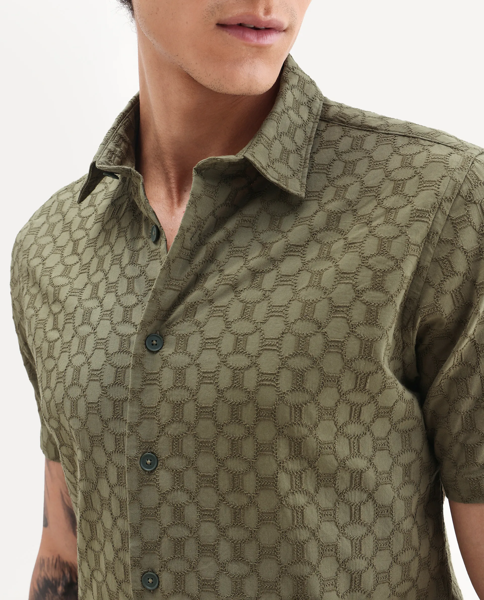 Rare Rabbit Men's Shef Olive Cotton Embroidered Regular Fit Half Sleeve Collared Shirt - Image 3