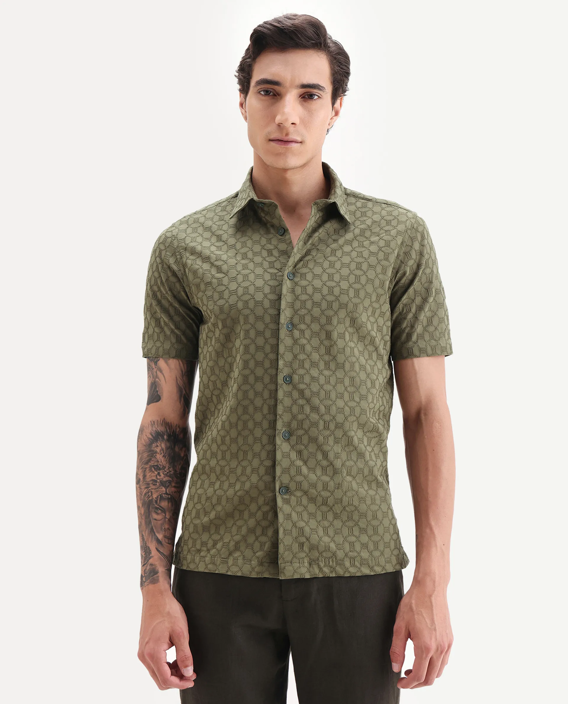 Rare Rabbit Men's Shef Olive Cotton Embroidered Regular Fit Half Sleeve Collared Shirt - Image 4
